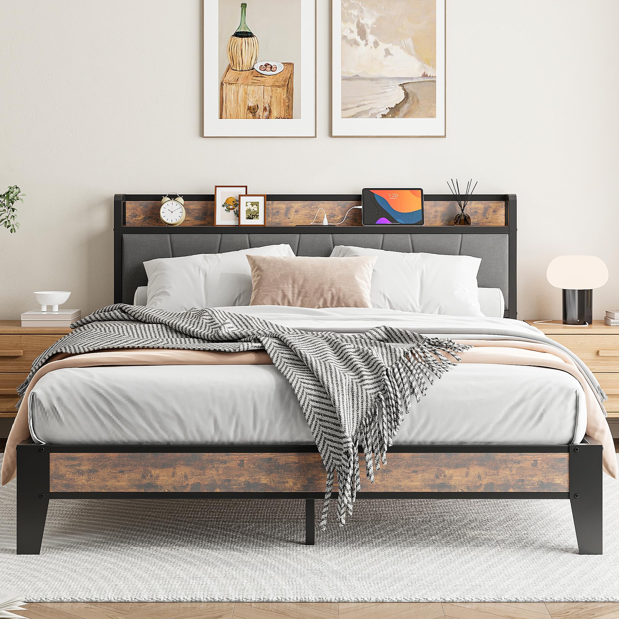 IRONCK King Bed Frame with Charging Headboard and Storage – Grey