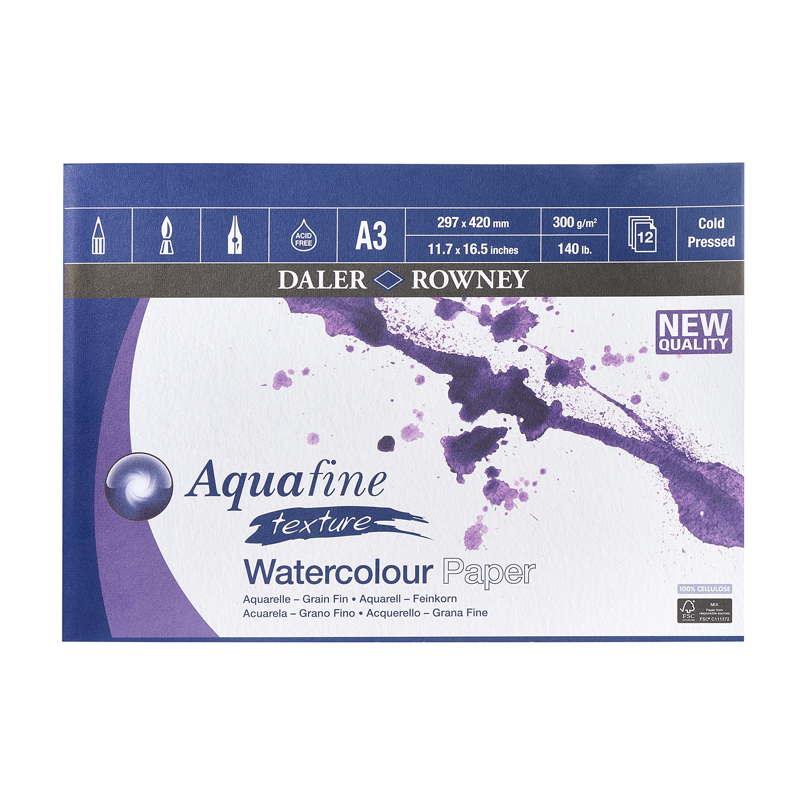 Daler Rowney Aquafine Watercolour Pad A3 | 300gsm Cold Pressed 12 Sheets