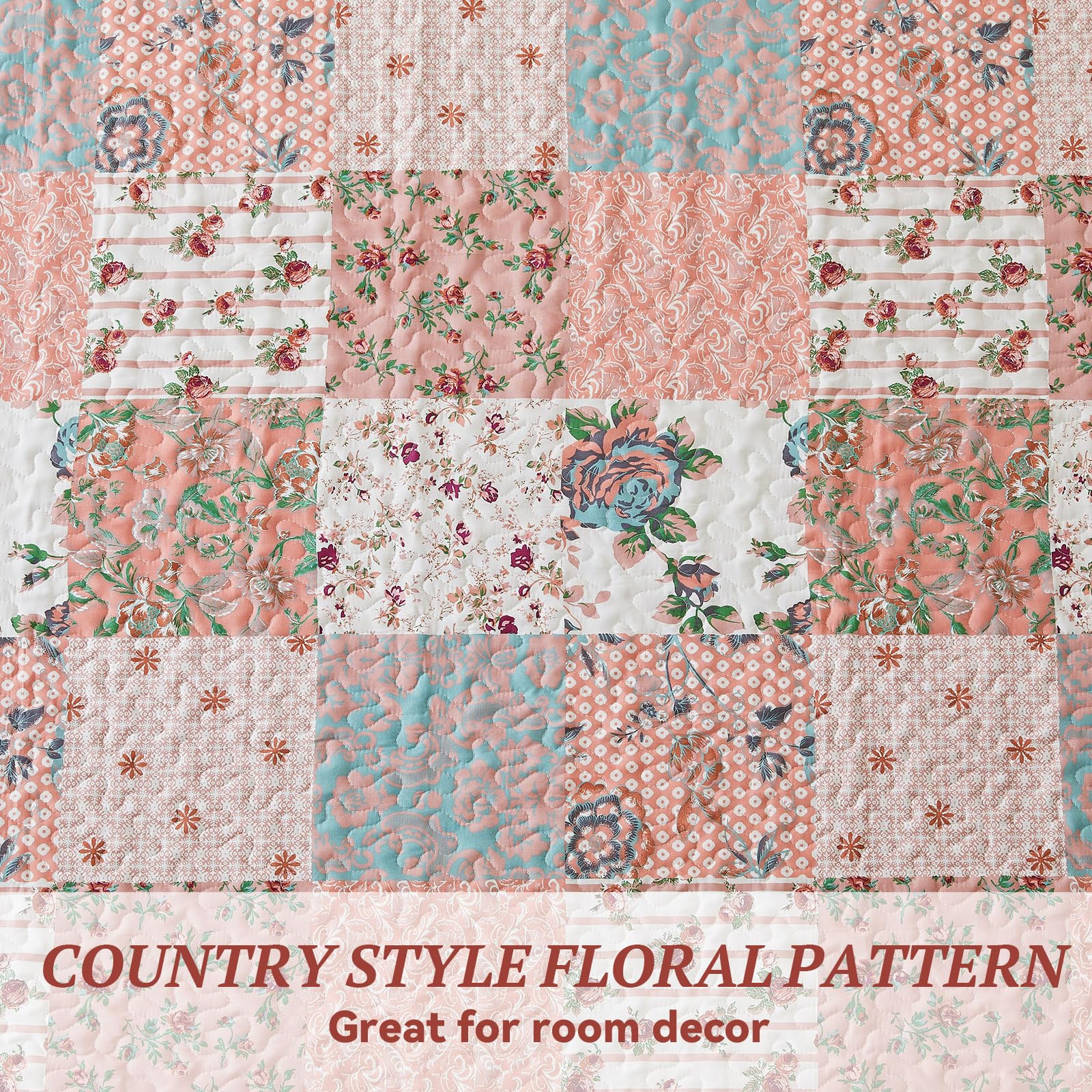 Qucover Pink Floral Patchwork Bedspread Set – 3-Piece Double Quilted Quilt