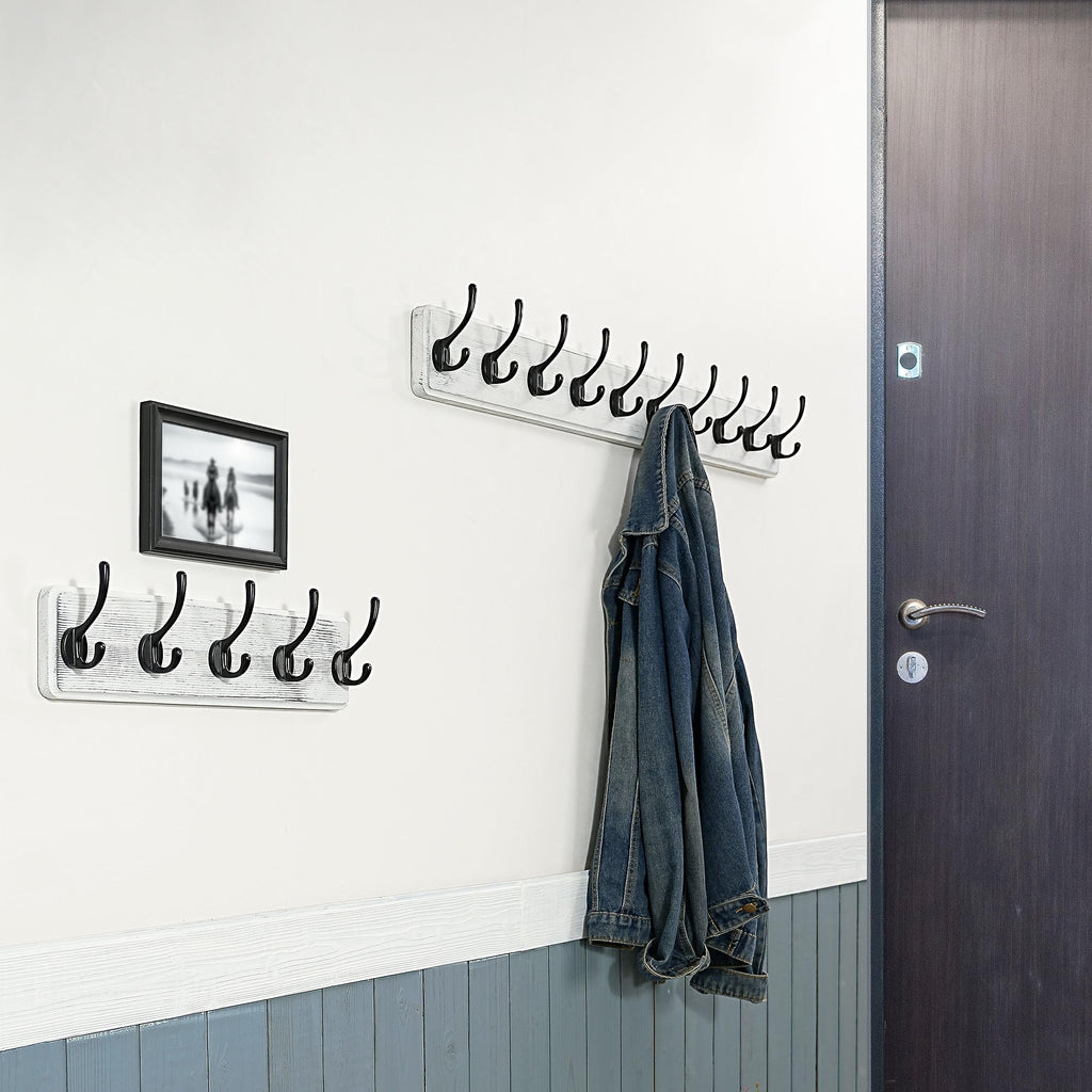 WEBI Solid Wood Wall Mounted Coat Rack | 5 Large Hooks, Rustic White, 2 Pack