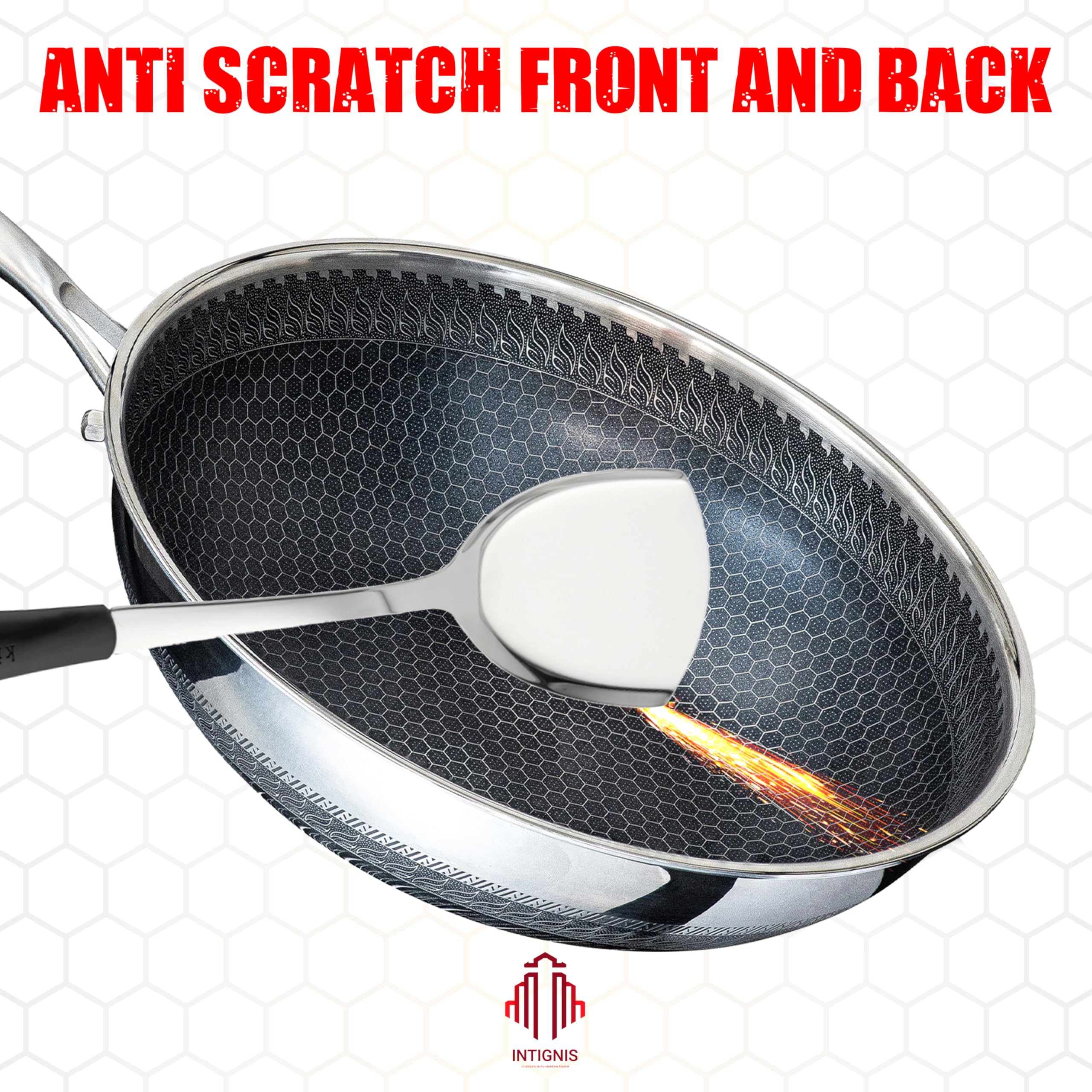 INTIGNIS 30cm Stainless Steel Wok – Non-Stick Skillet with Oven-Safe Lid