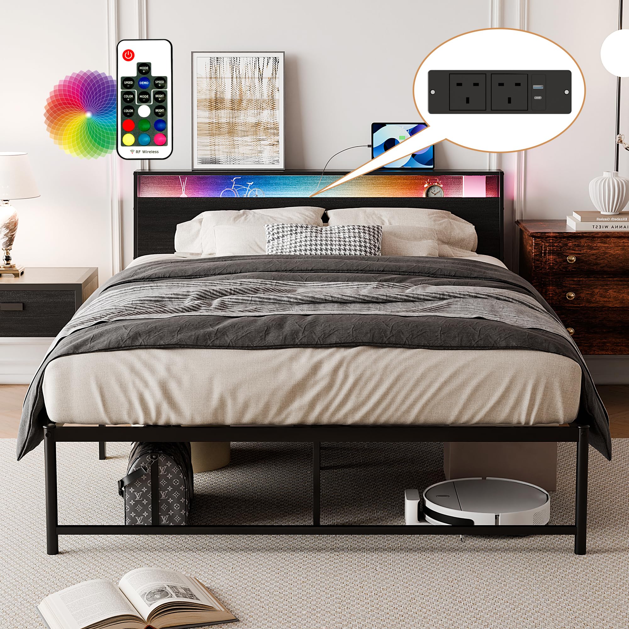 BEXEVUE 4ft6 Double Metal Bed Frame with LED Headboard & Charging Station