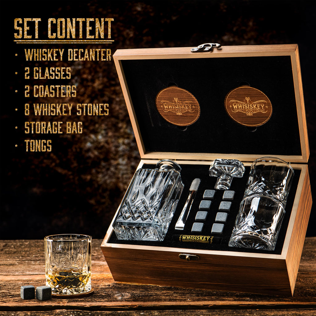 WHISISKEY 700ml Whiskey Decanter Set with 2 Glasses and 8 Stones