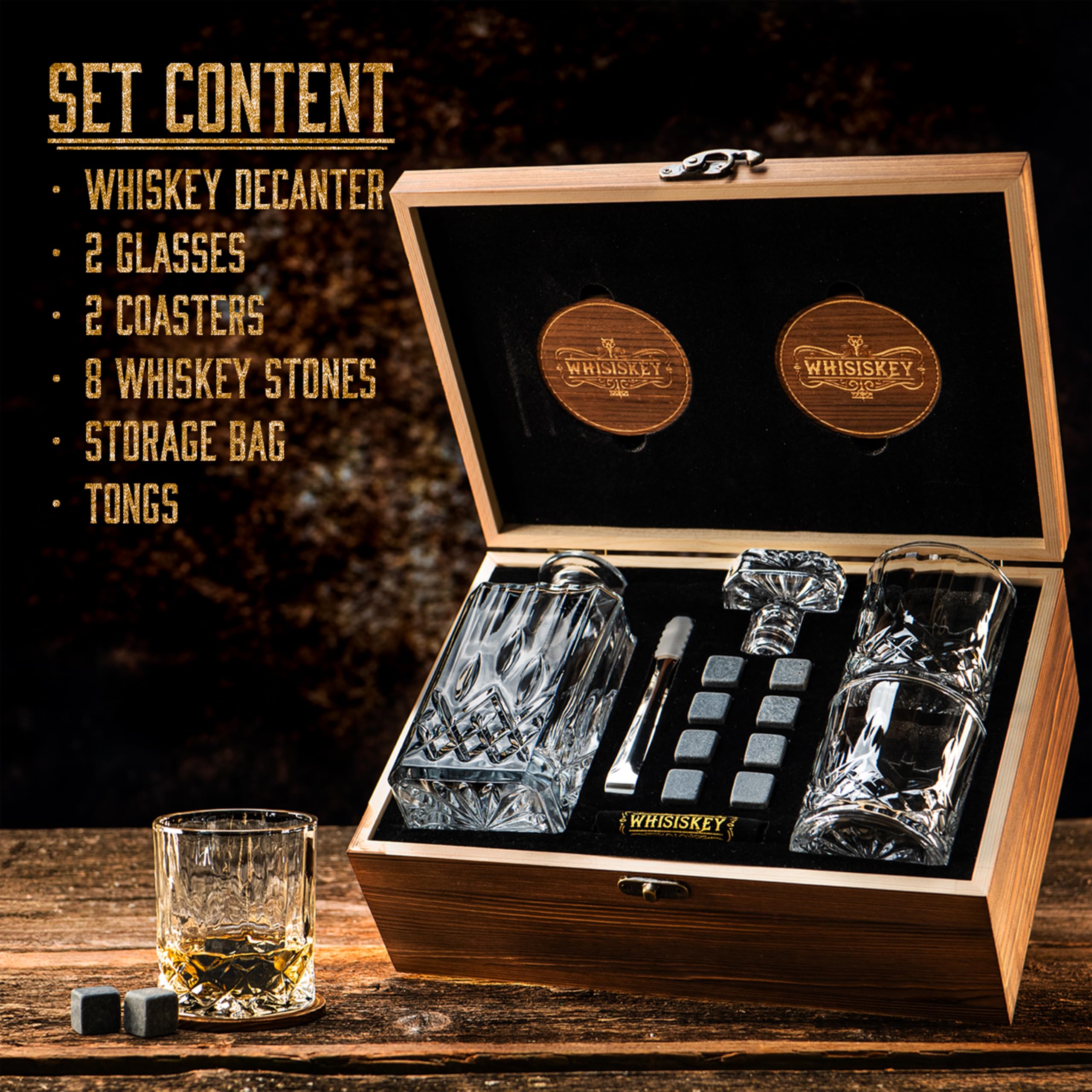WHISISKEY 700ml Whiskey Decanter Set with 2 Glasses and 8 Stones