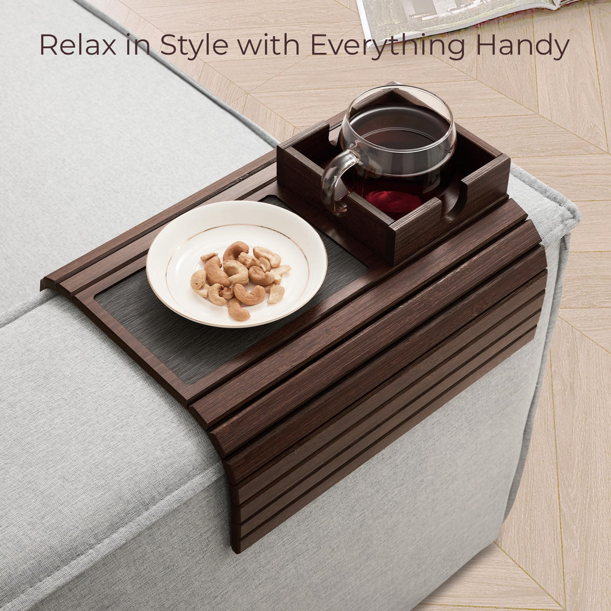 DETOR Sofa Arm Tray with Cup Holder, Walnut Finish, Fits Armrest 14cm + - image 2
