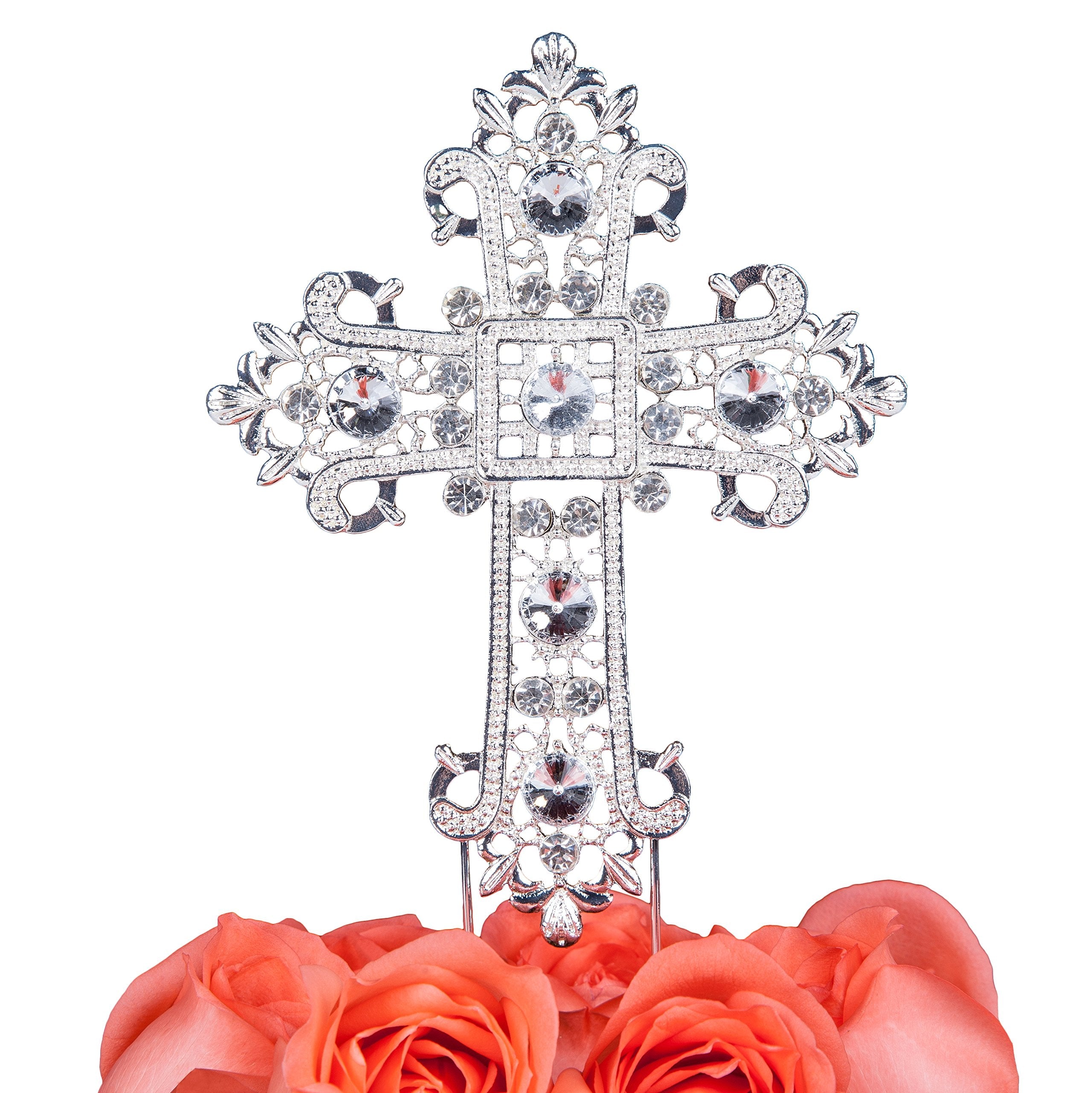LOVENJOY Silver Rhinestone Cross Cake Topper for Baptism and Communion