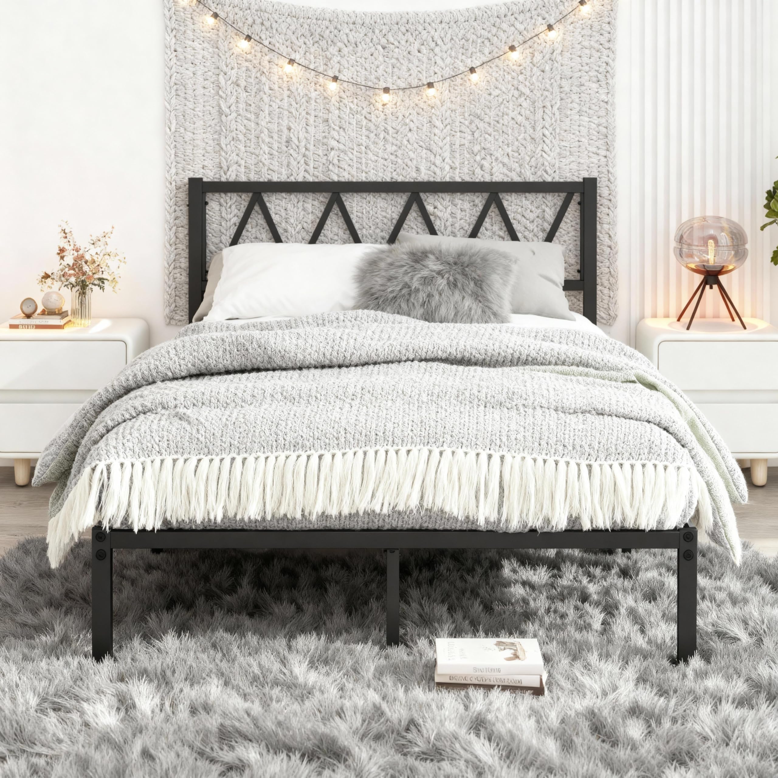MOFLUT Double Metal Bed Frame with Headboard | Heavy Duty Black Steel