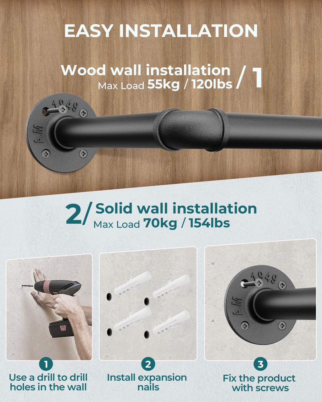 OROPY Industrial Pipe Clothes Rail | 167cm Heavy Duty Wall Mounted Rack