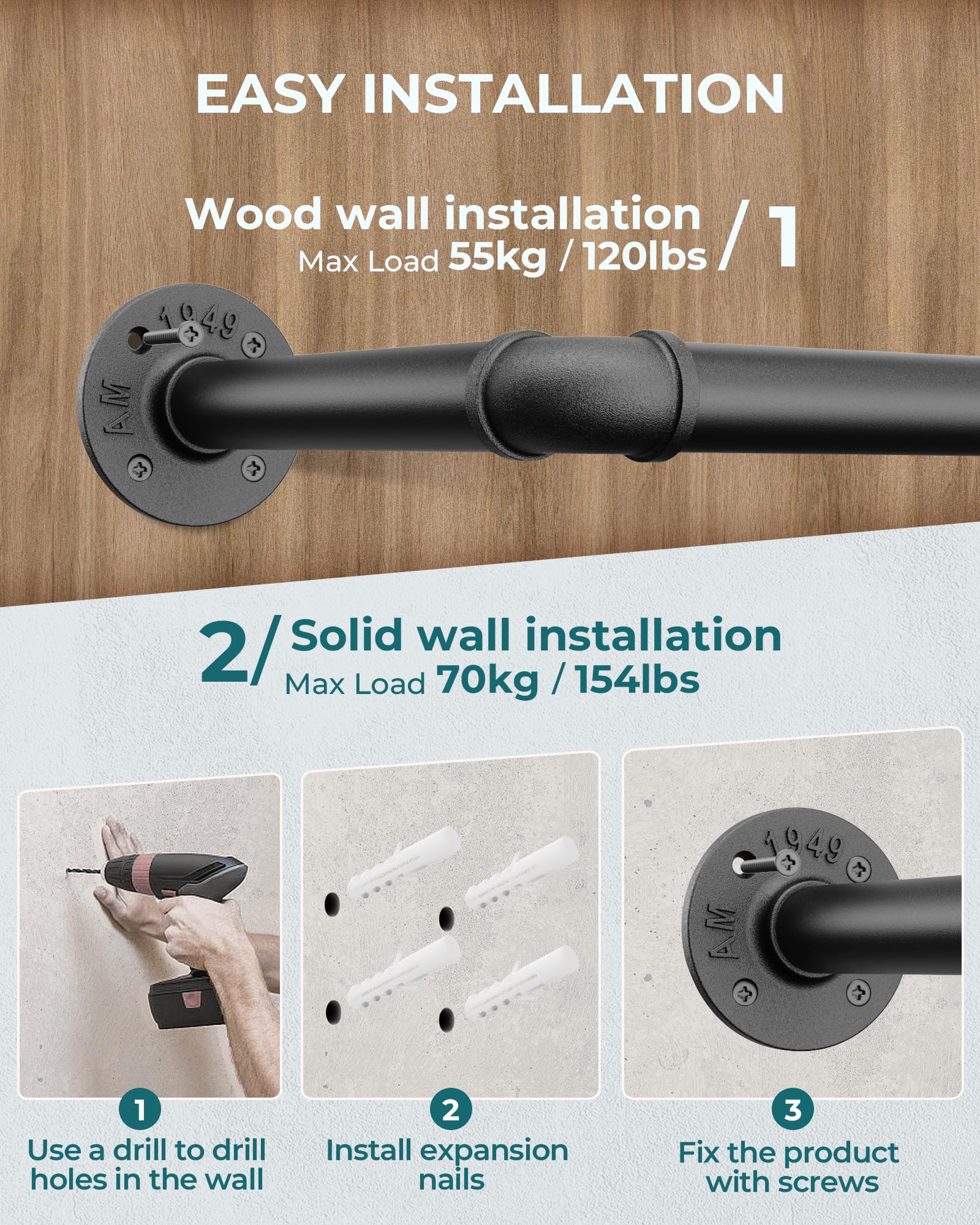OROPY Industrial Pipe Clothes Rail | 167cm Heavy Duty Wall Mounted Rack