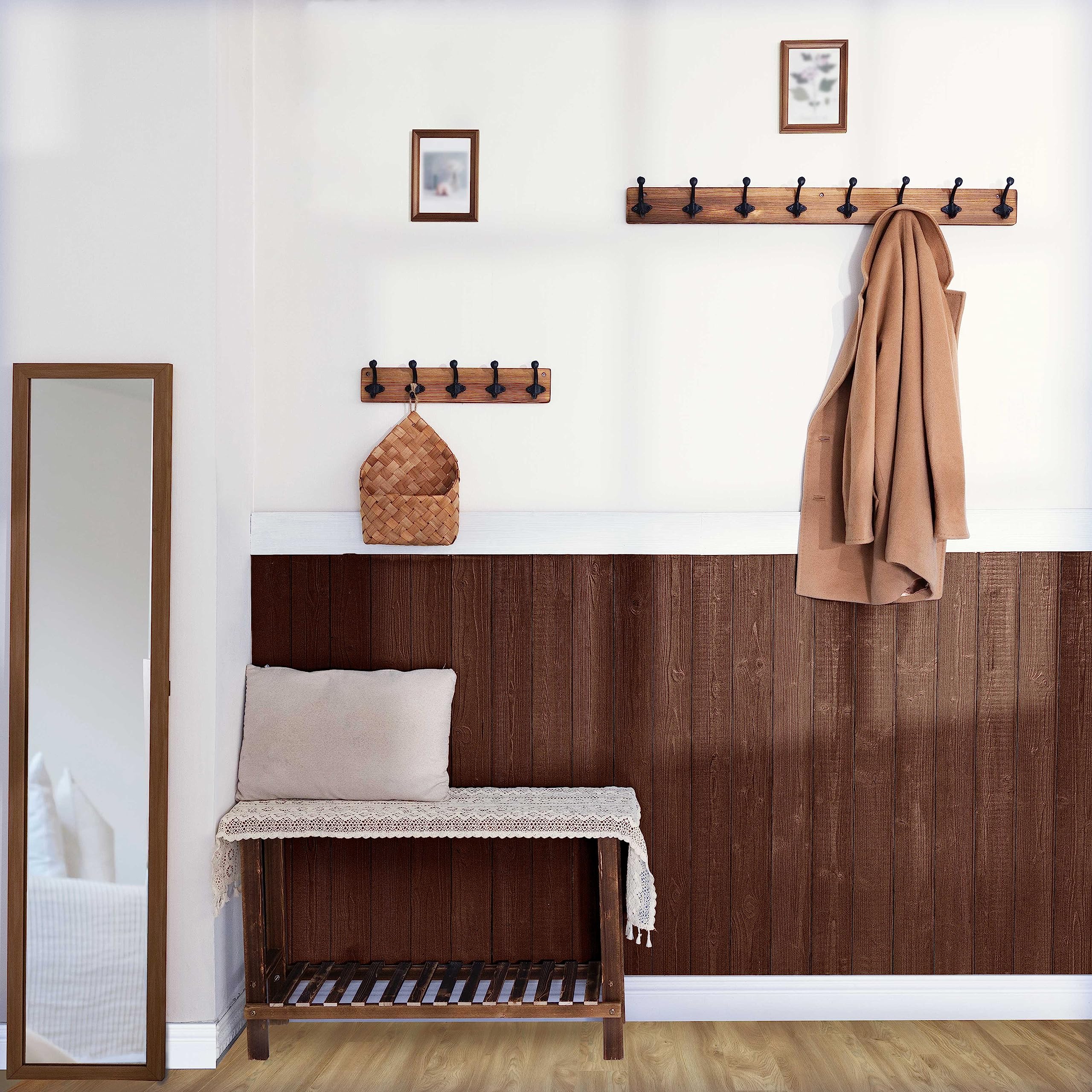 WEBI 90cm Rustic Wall Mounted Coat Rack - 8 Cast Iron Hooks, Solid Wood