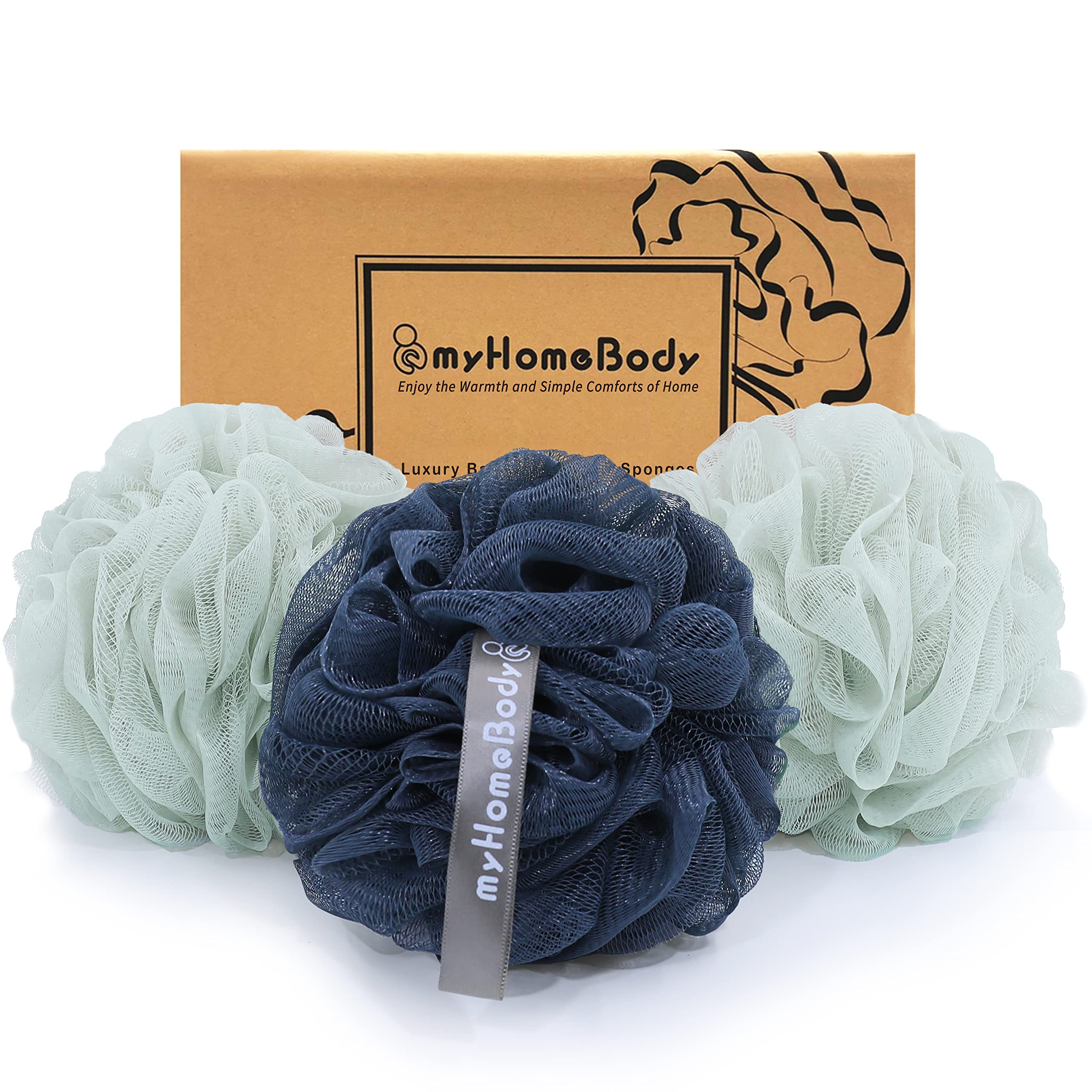 myHomeBody Large 70g Charcoal Loofah Sponge - Exfoliating Shower Pouf, 3 Pack