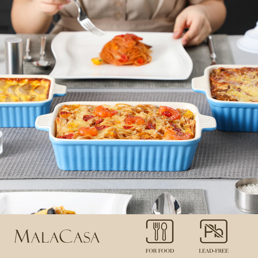 MALACASA 4-Piece Rectangular Porcelain Baking Dish Set with Handles, Blue