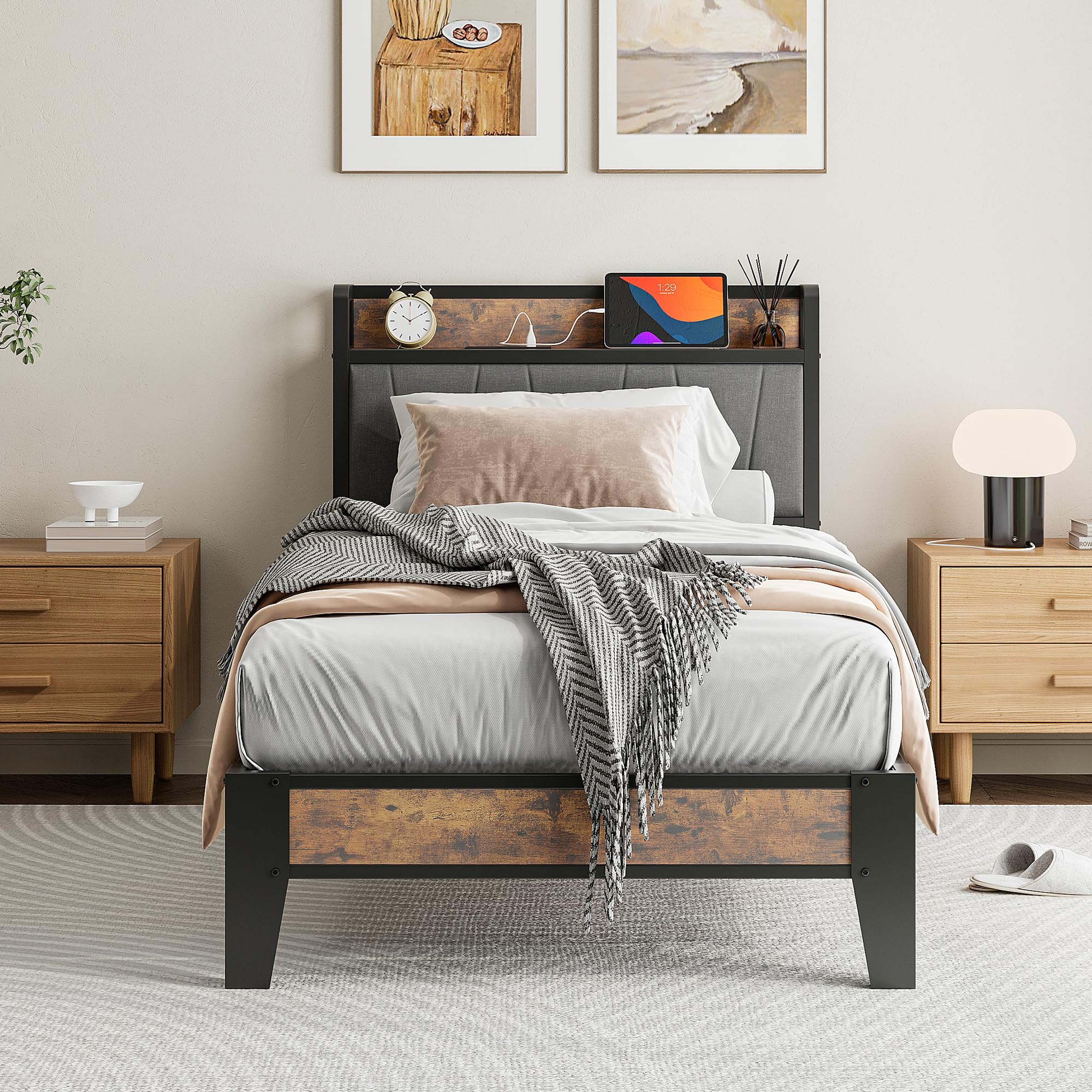 IRONCK Single Metal Platform Bed Frame with Charging Headboard & Storage