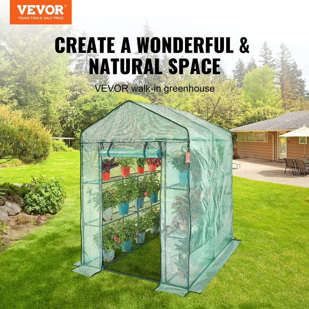 VEVOR Walk-in Greenhouse with Shelves | 4.6x4.6x6.6 ft PE Cover