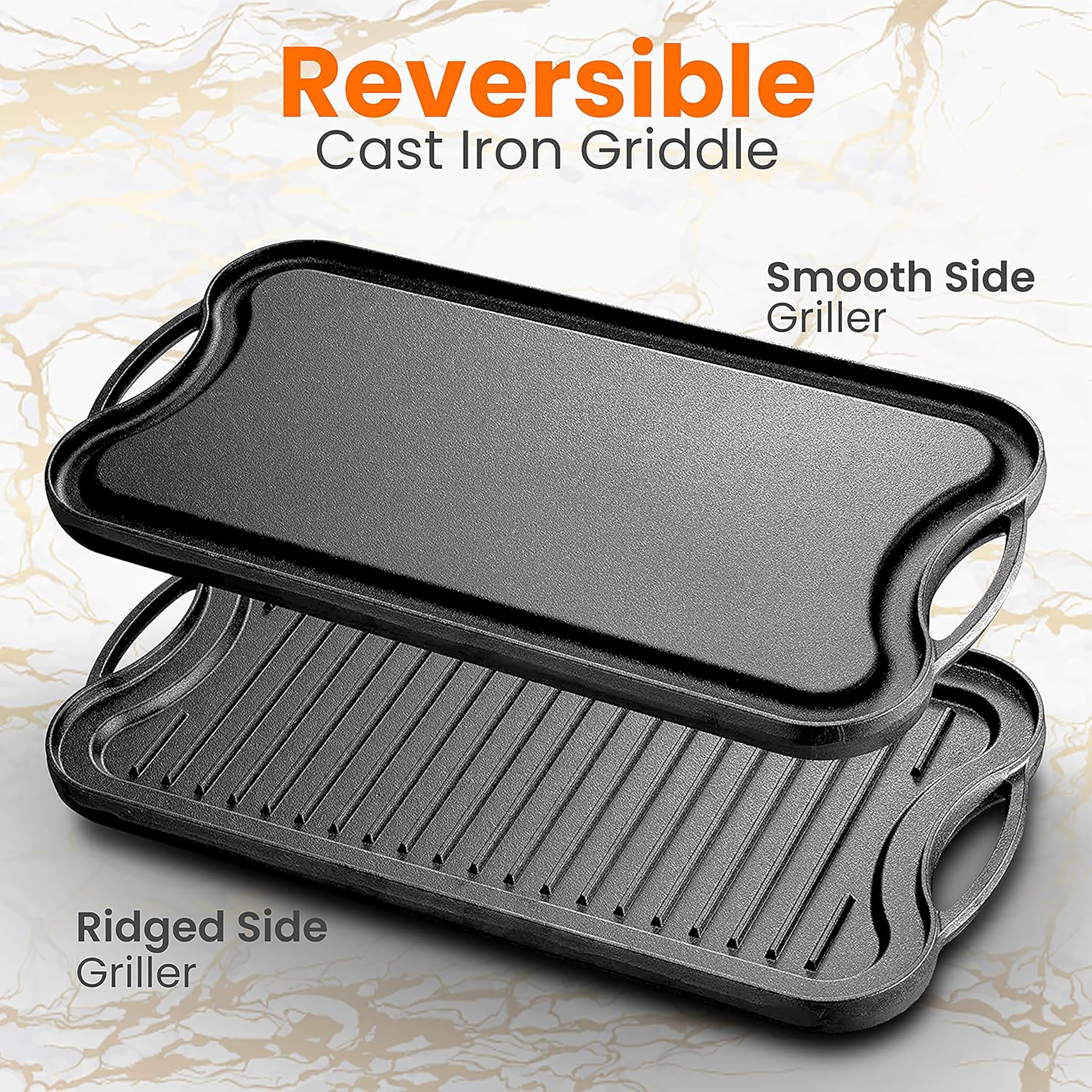 Nutrichef Reversible Cast Iron Griddle Pan – Non-Stick Flat & Ridged Grill