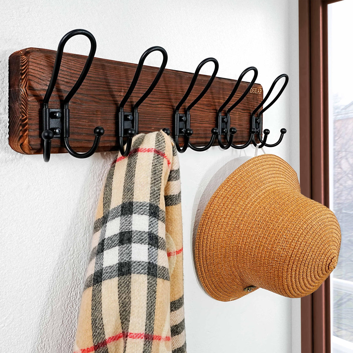 Dseap Coat Rack Wall Mounted - Heavy Duty Farmhouse Rustic Wall Coat Hanger with 5 Wire Hooks for Clothes Hat Jacket Towel, RusticWire, J1-5A - image 2