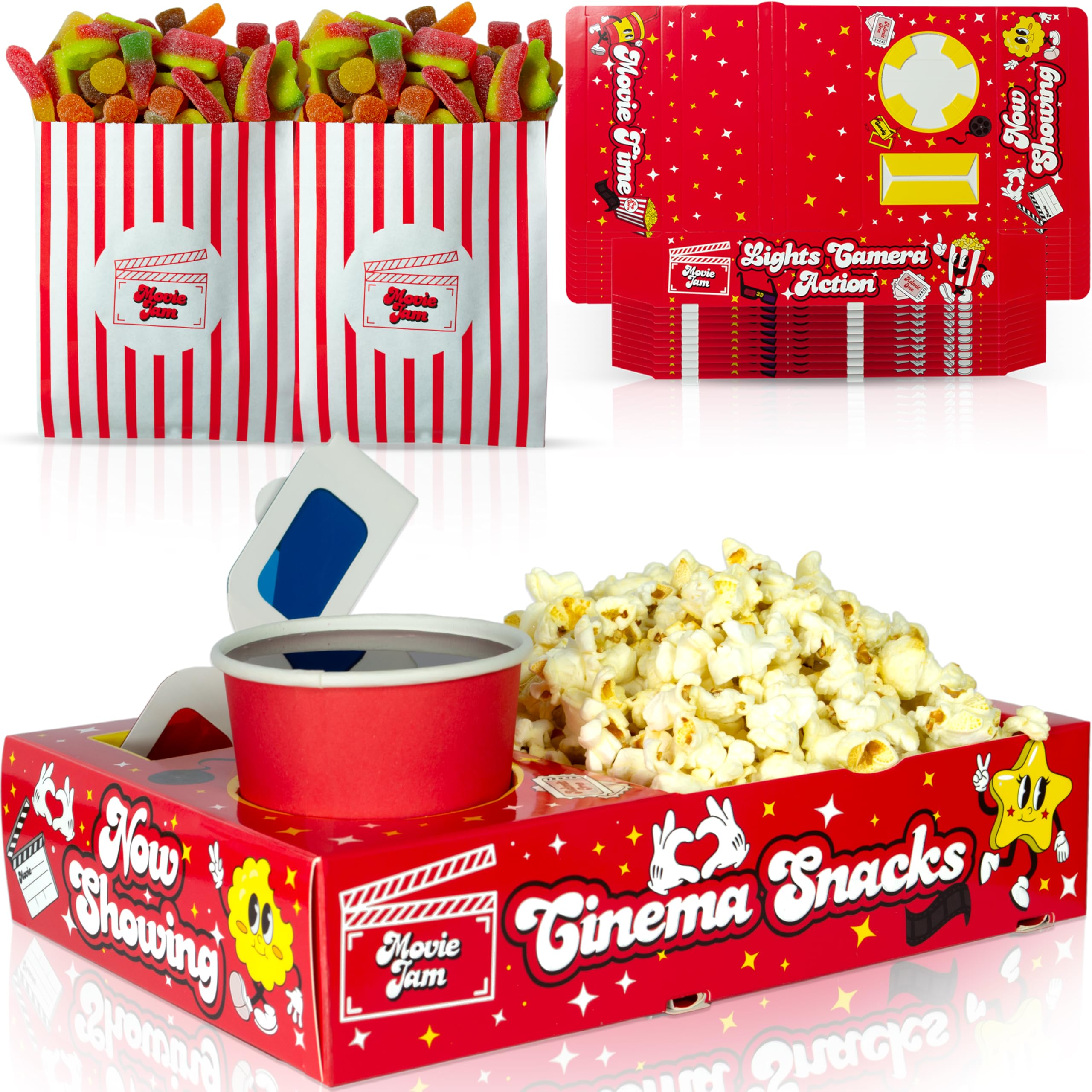 Moviejam Movie Night Snack Trays - 10 Popcorn Boxes & Candy Bags, Red