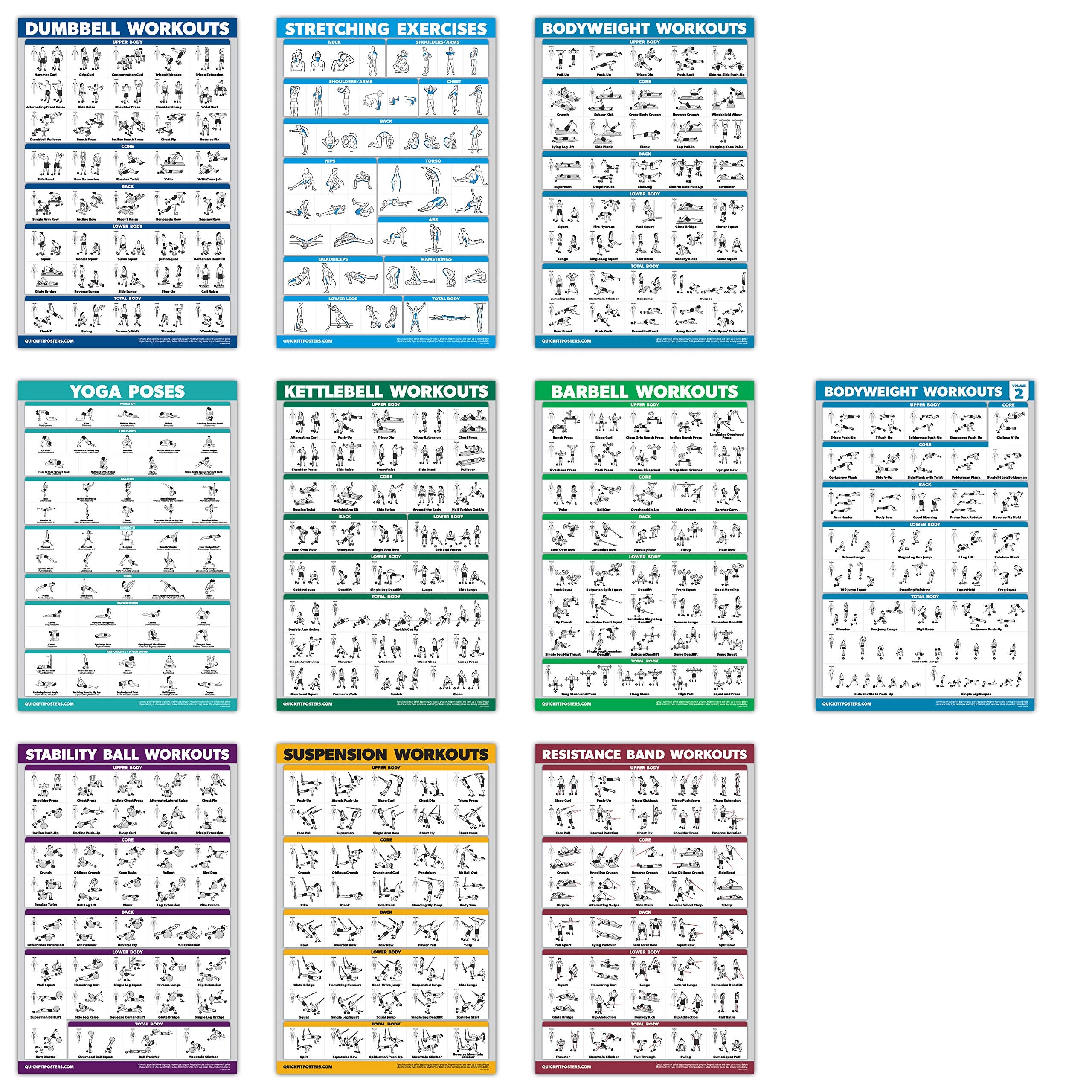 QuickFit 10 Pack Laminated Exercise Workout Poster Set | 18" x 27"