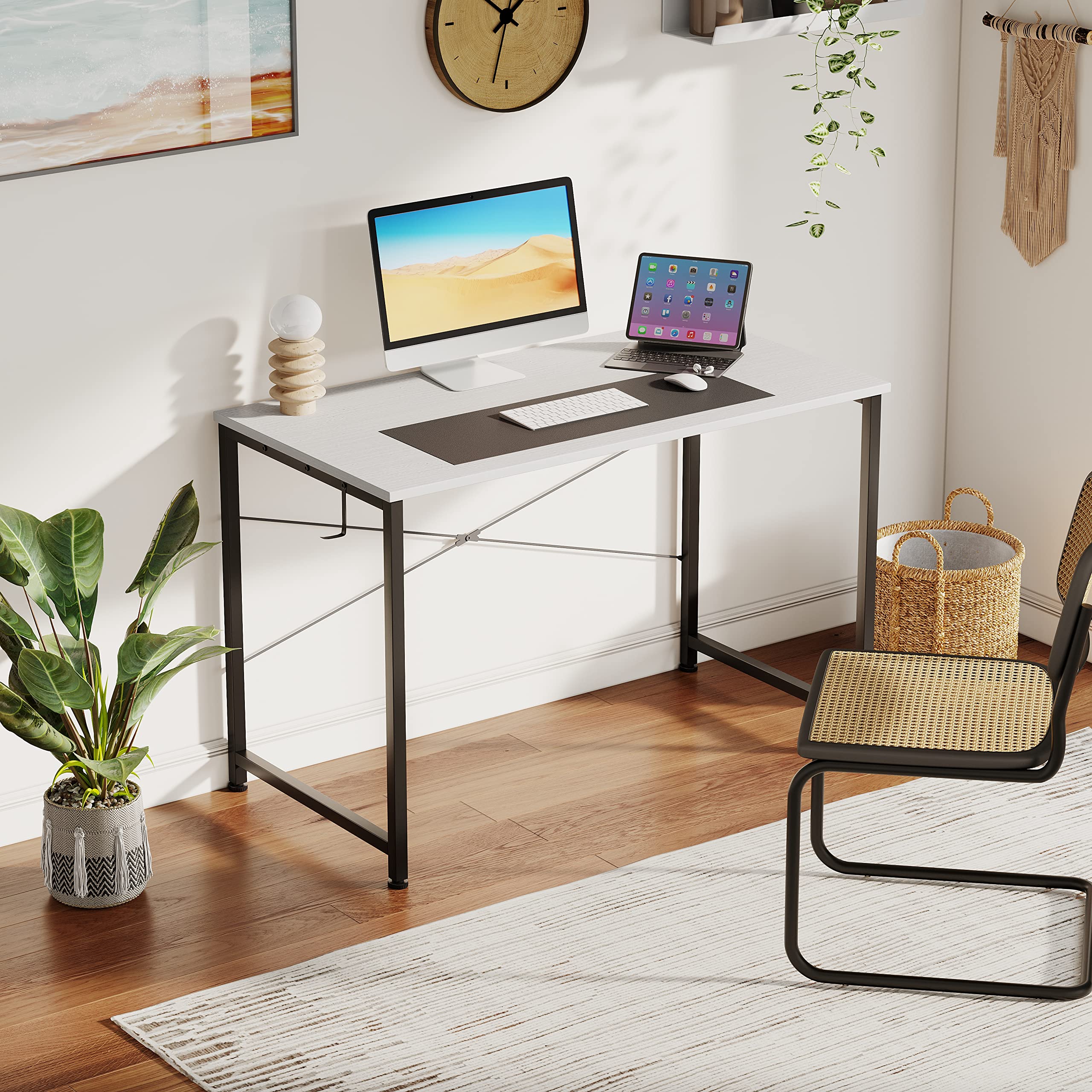 Flrrtenv 80cm Computer Desk | Small White Gaming Table with Metal Frame