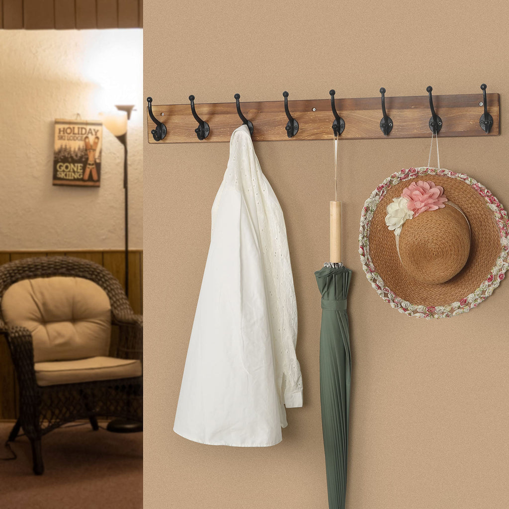 WEBI Rustic Wall Mount Coat Rack – 8 Cast Iron Hooks, Solid Wood, Brown