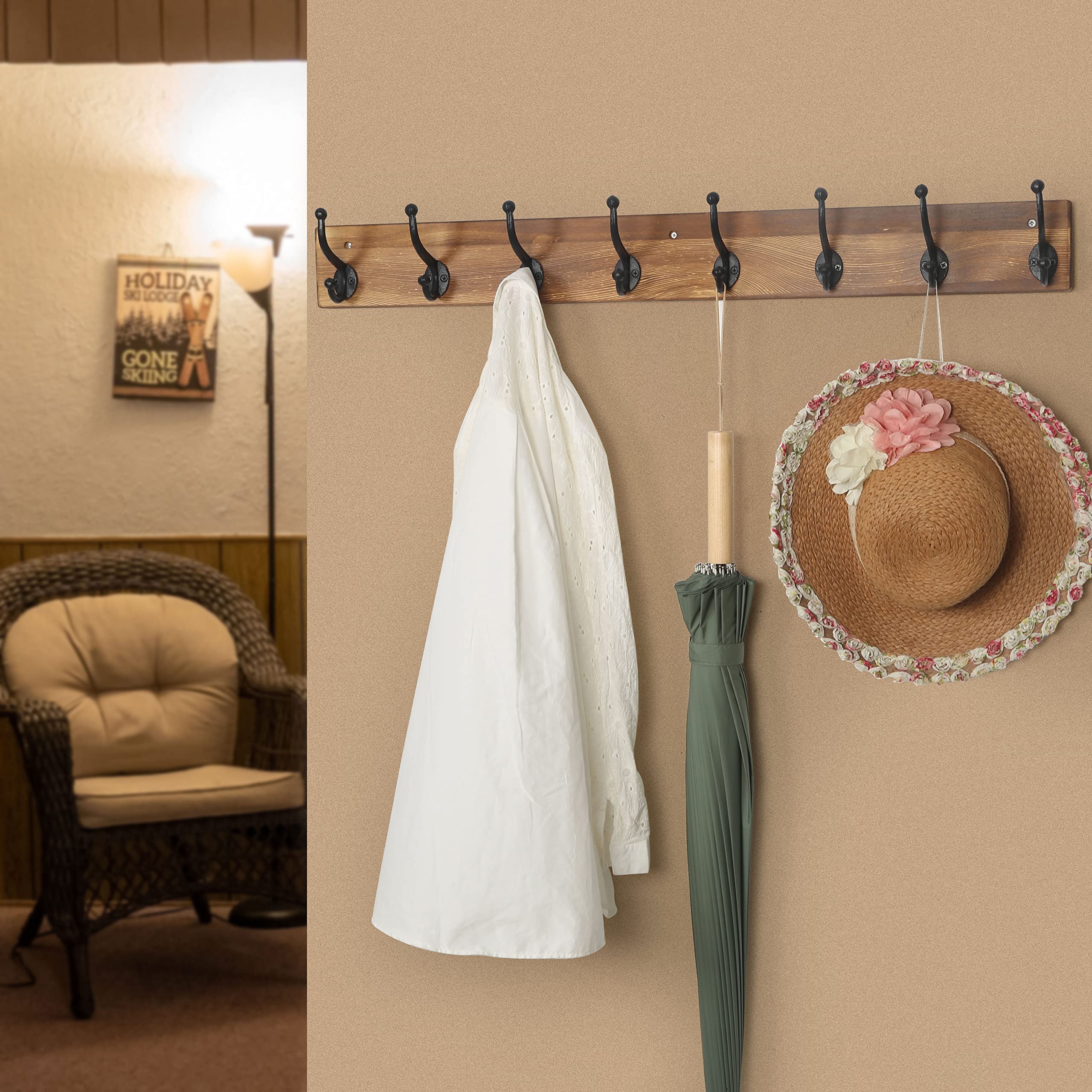 WEBI Rustic Wall Mount Coat Rack – 8 Cast Iron Hooks, Solid Wood, Brown