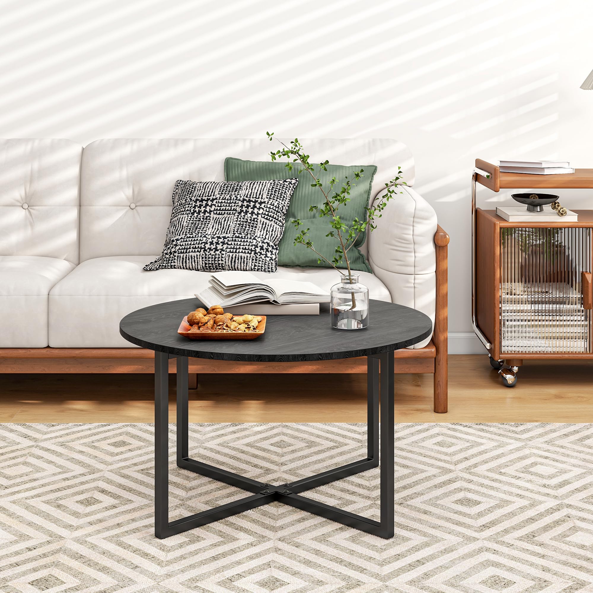 Jolof Store Round Coffee Table – Modern Black Wood and Metal Sofa Table