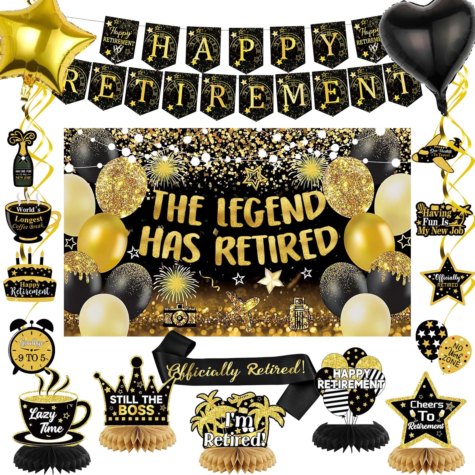 18pcs Happy Retirement Party Decorations - Black & Gold Backdrop