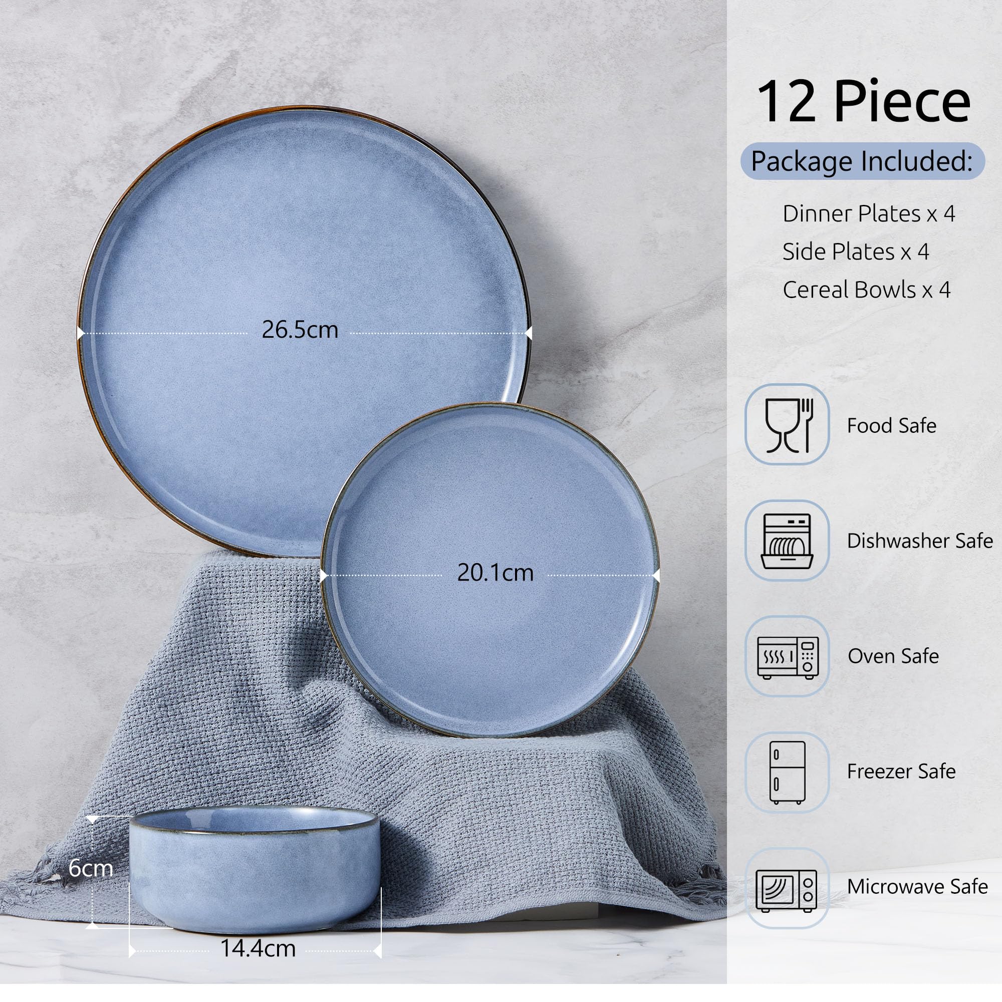 Homikit 12-Piece Stoneware Dinner Set – Reactive Glaze Blue Dinnerware