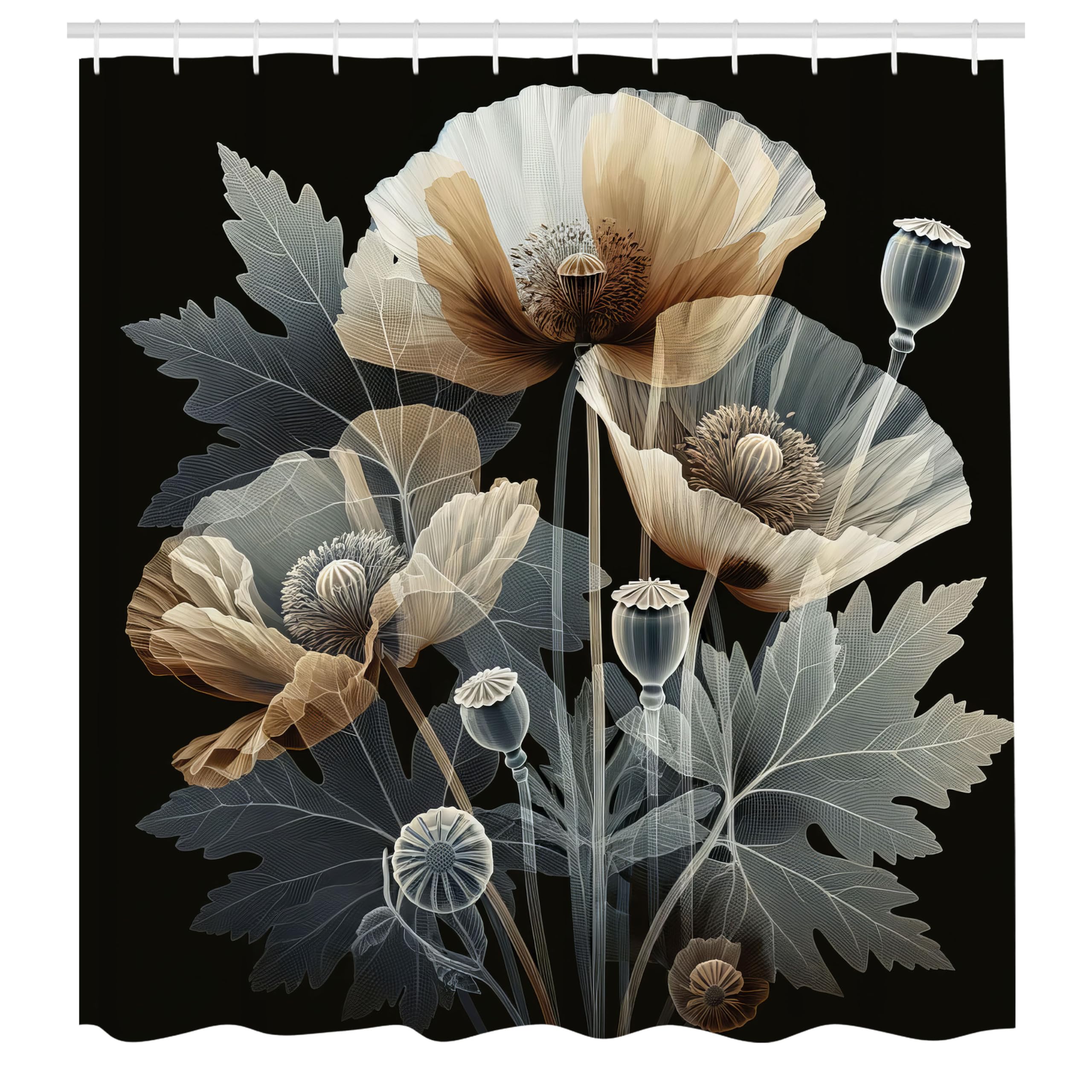 Abakuhaus Poppy Flower Fabric Shower Curtain | Waterproof Tan Decor