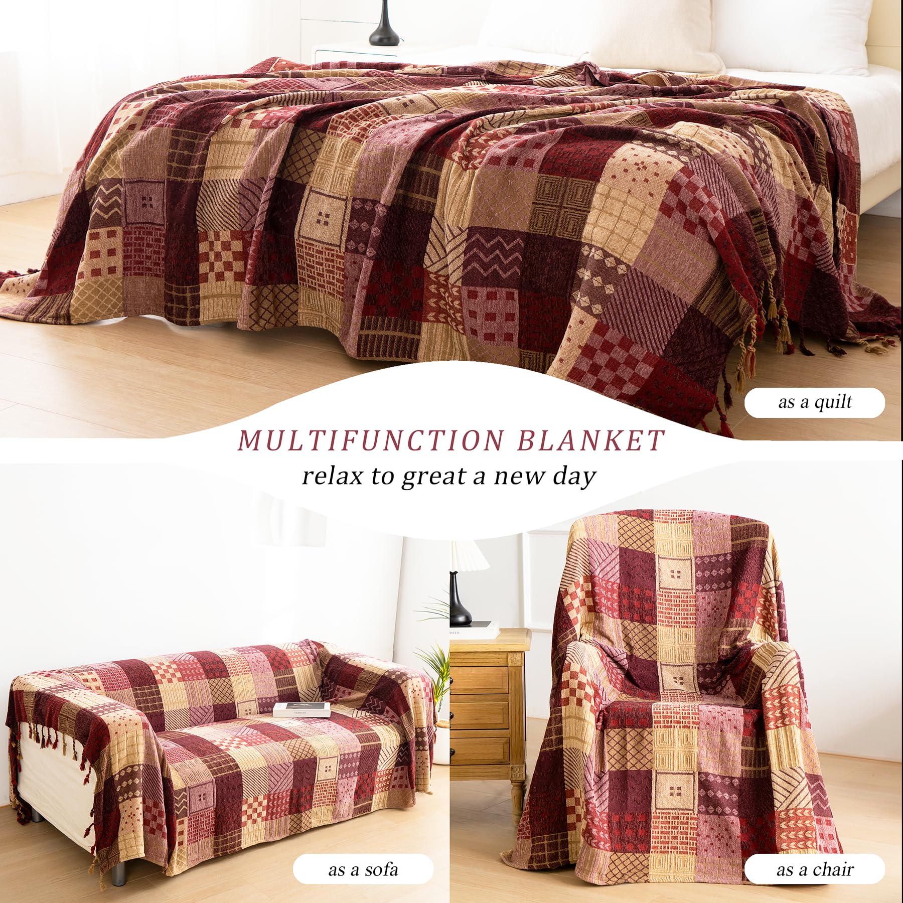 VANJOROY Bohemian Chenille Patchwork Sofa Throw Blanket with Tassels