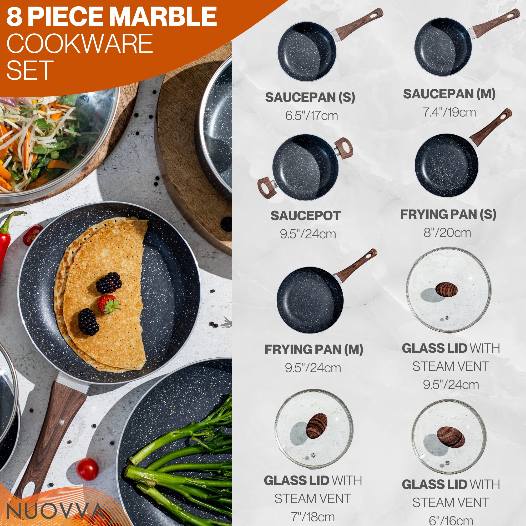 Nuovva 8-Piece Non-Stick Marble Cookware Set – Induction Pots and Pans