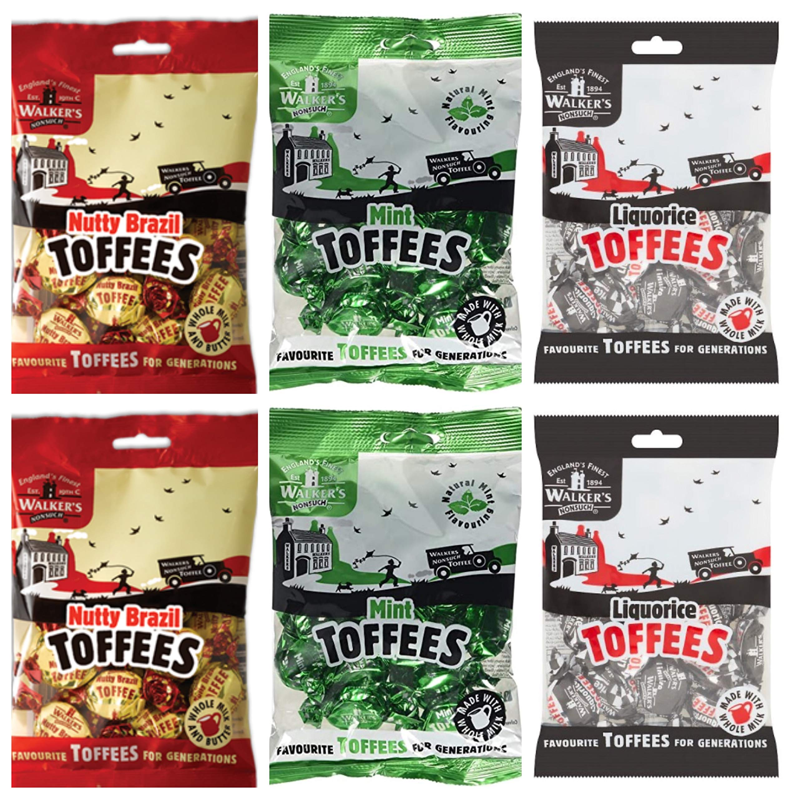Walkers Nonsuch Toffee Bundle - 6 Pack Nutty Brazil, Liquorice & Mint