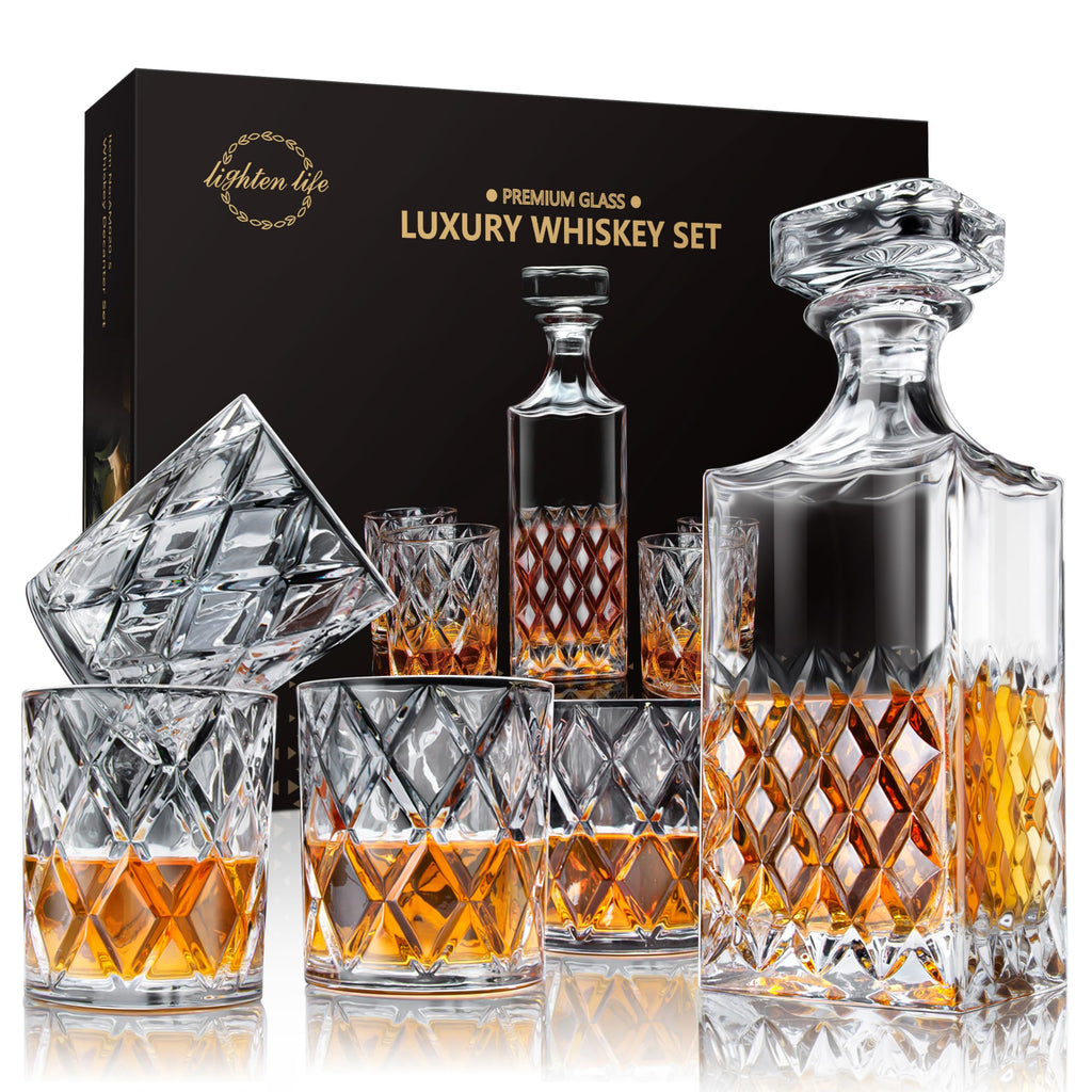 Lighten Life Whiskey Decanter Set | 849ml Bourbon Carafe with 4 Glasses
