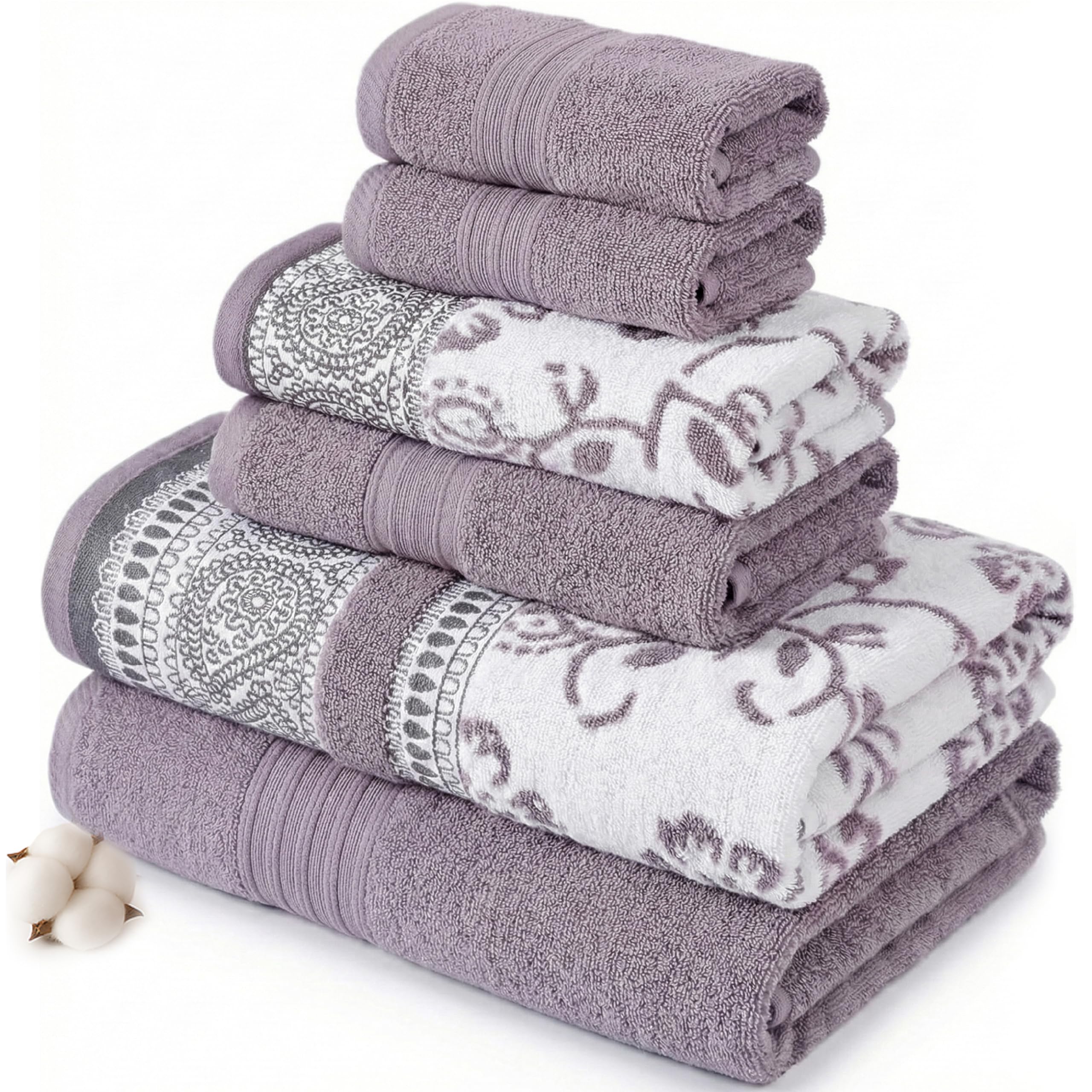 Modern Threads 6-Piece Cotton Towel Set – Jacquard & Solid Orchid