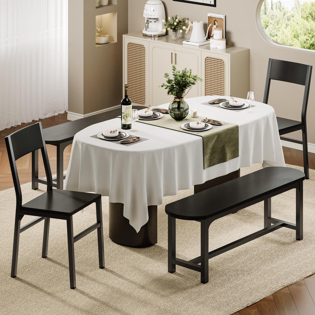 Feonase Dining Chairs Set of 4, Dining Room Chairs with 2 Ergonomic Chairs & 2 Benches, MDF Board and Metal Frame, Kitchen Chairs for Home, Apartment - image 1
