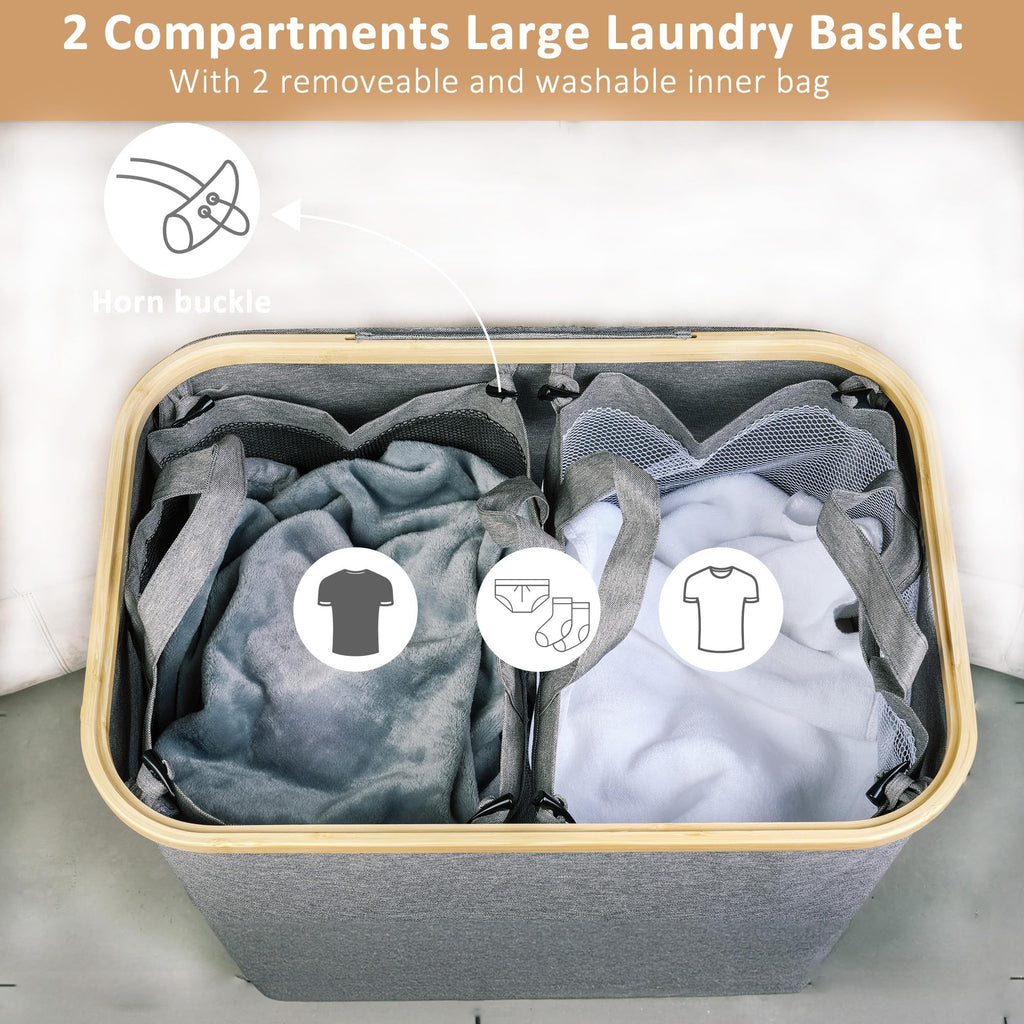 iEGrow 150L Double Laundry Basket – Foldable Hamper with Lid and Bamboo Handle