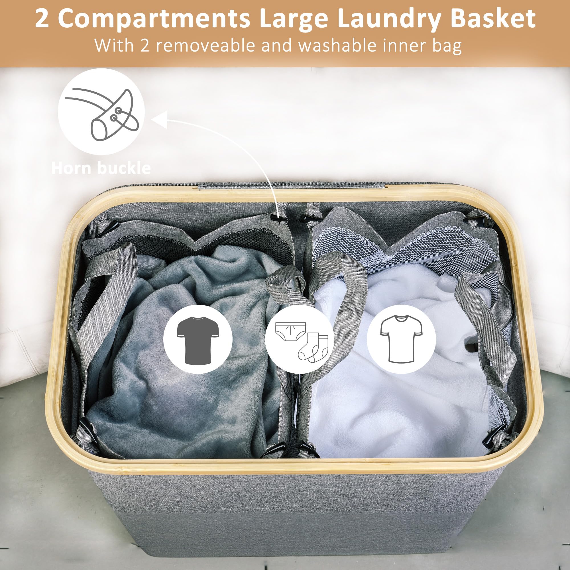 iEGrow 150L Double Laundry Basket – Foldable Hamper with Lid and Bamboo Handle