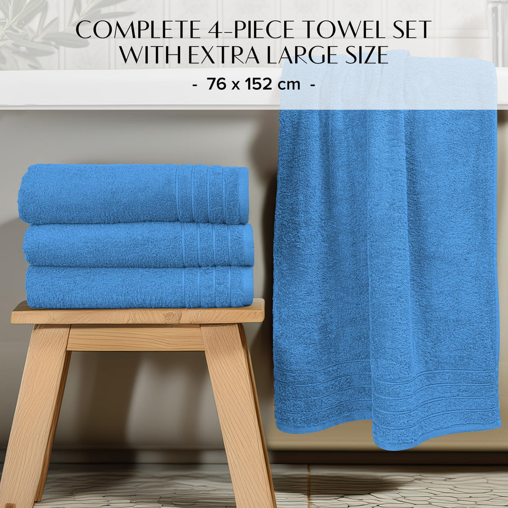 100% Cotton Extra Large Bath Towels Set of 4 76x152cm - Medium Blue