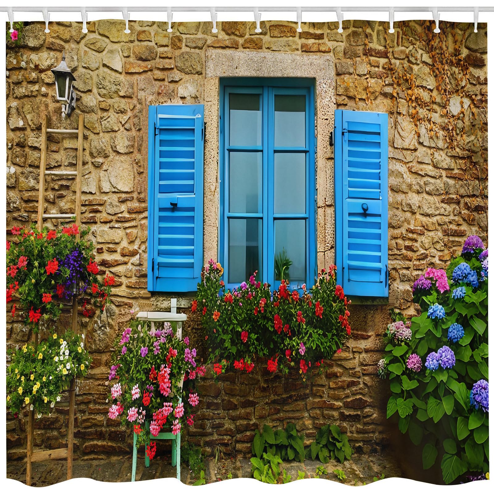 3D Stone Wall & Floral Shower Curtain | Waterproof Fabric