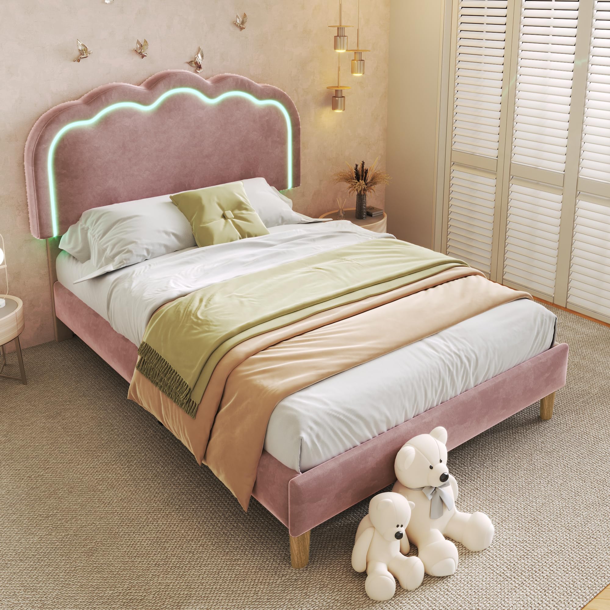Merax 3FT Single Upholstered Bed Frame with LED Puff Headboard - Pink