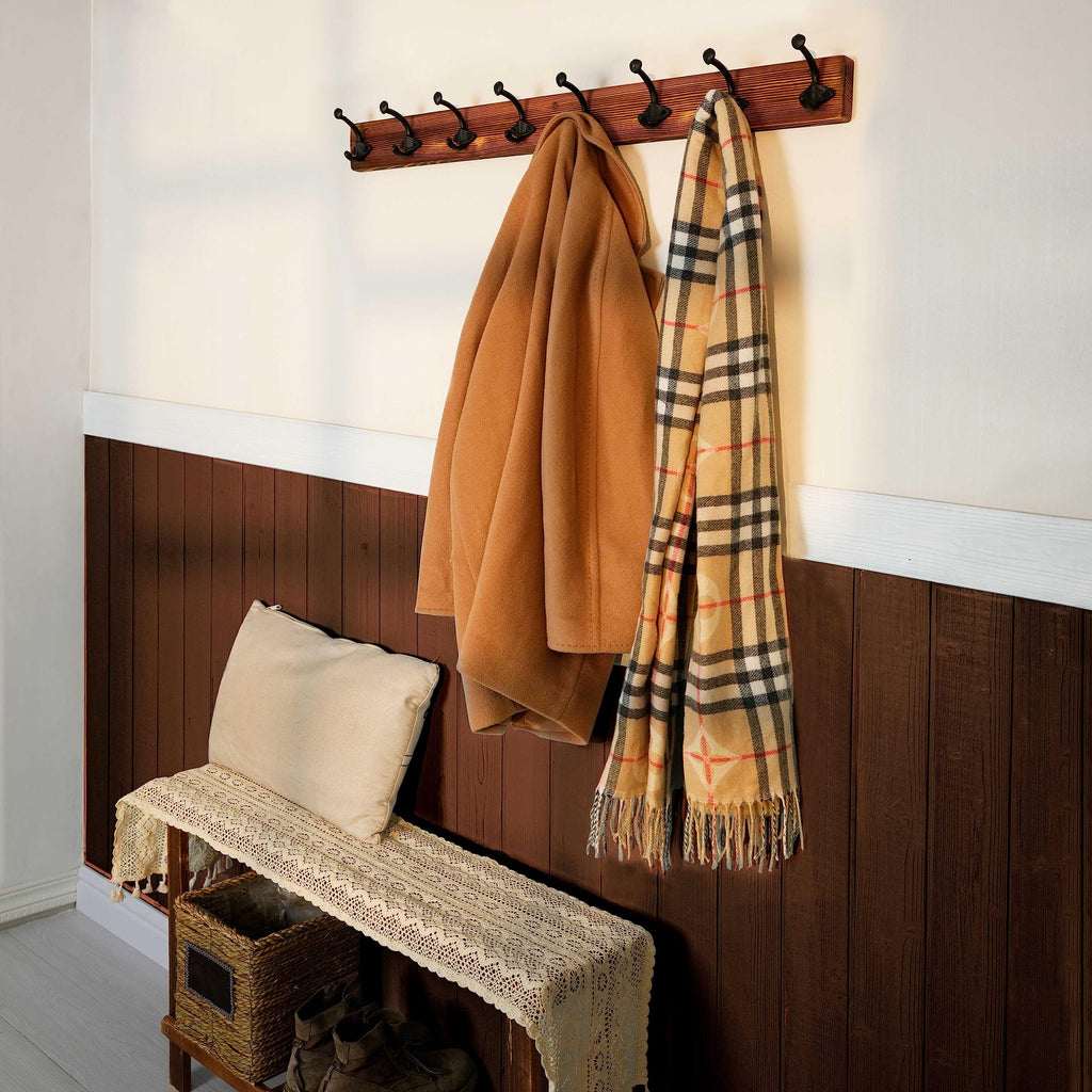 WEBI 90cm Rustic Wall Mounted Coat Rack - 8 Cast Iron Hooks, Solid Wood