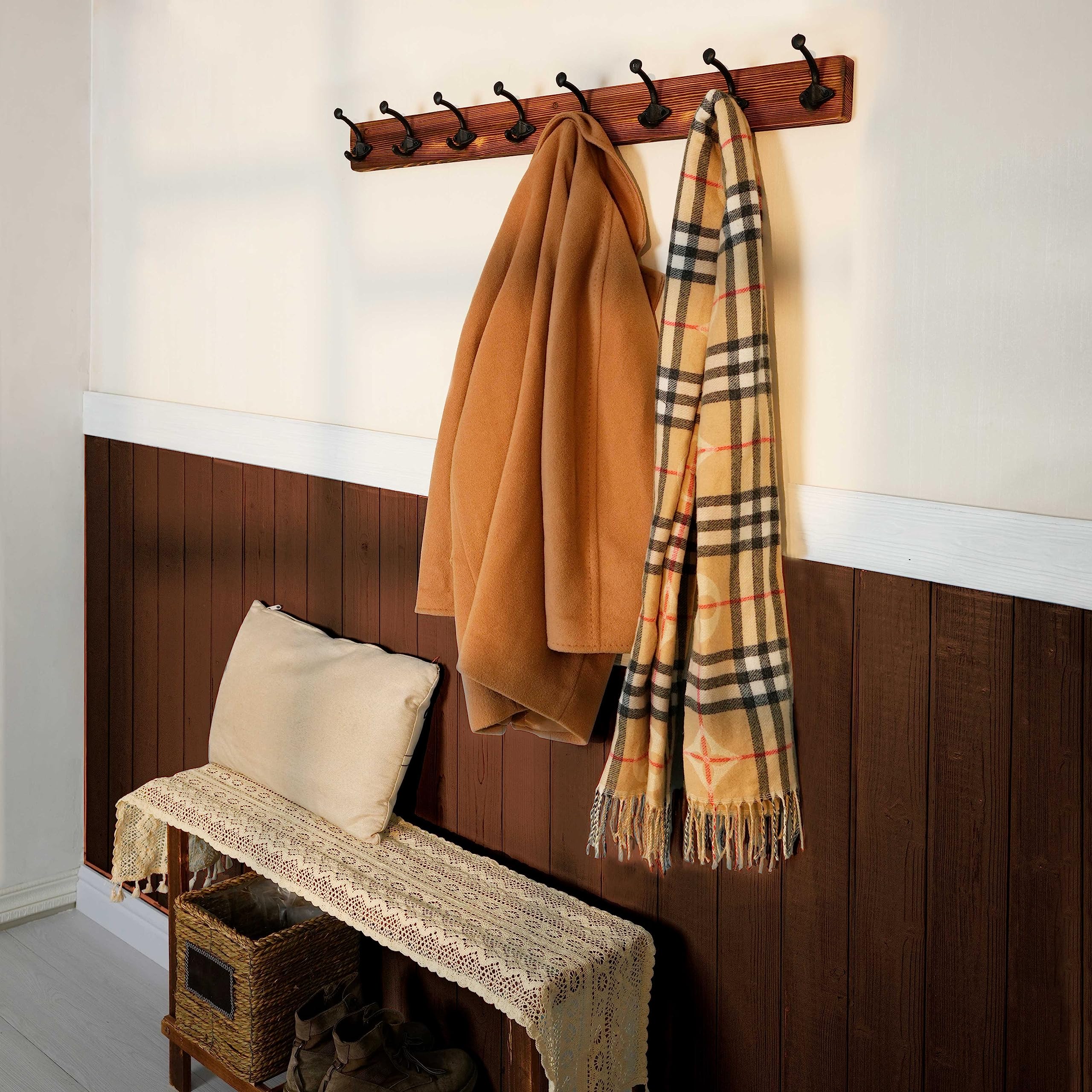 WEBI 90cm Rustic Wall Mounted Coat Rack - 8 Cast Iron Hooks, Solid Wood