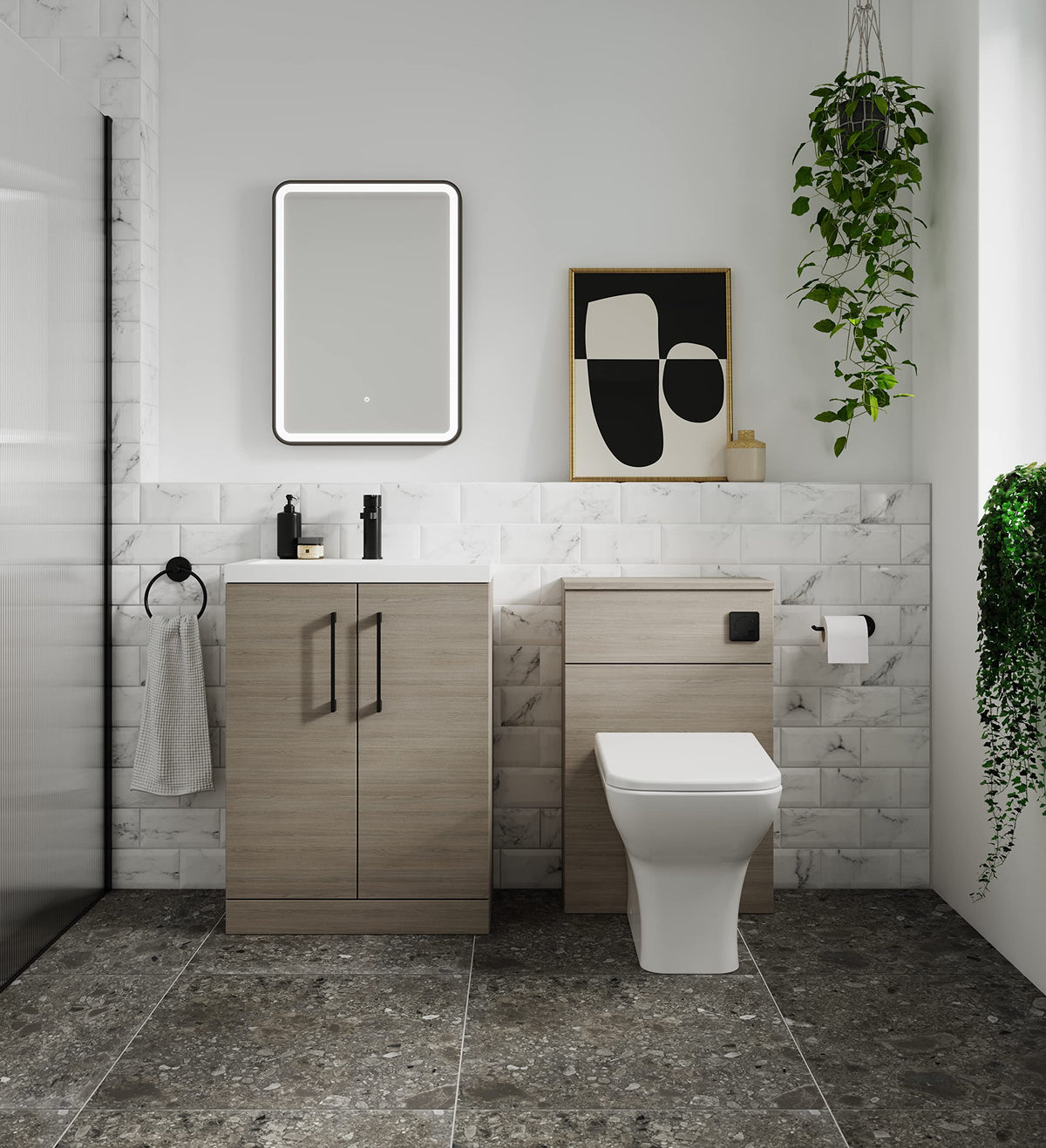 nuie ARN2505G Arno Modern Bathroom Floor Standing 2 Door Vanity Unit with Curved Ceramic Basin, 800mm, Woodgrain Solace Oak - image 3