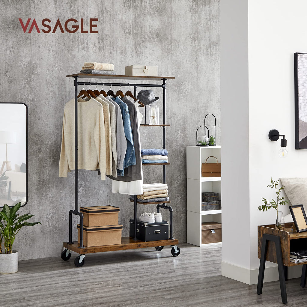 VASAGLE 5-Tier Rolling Garment Rack | Industrial Metal & Wood Clothes Rack