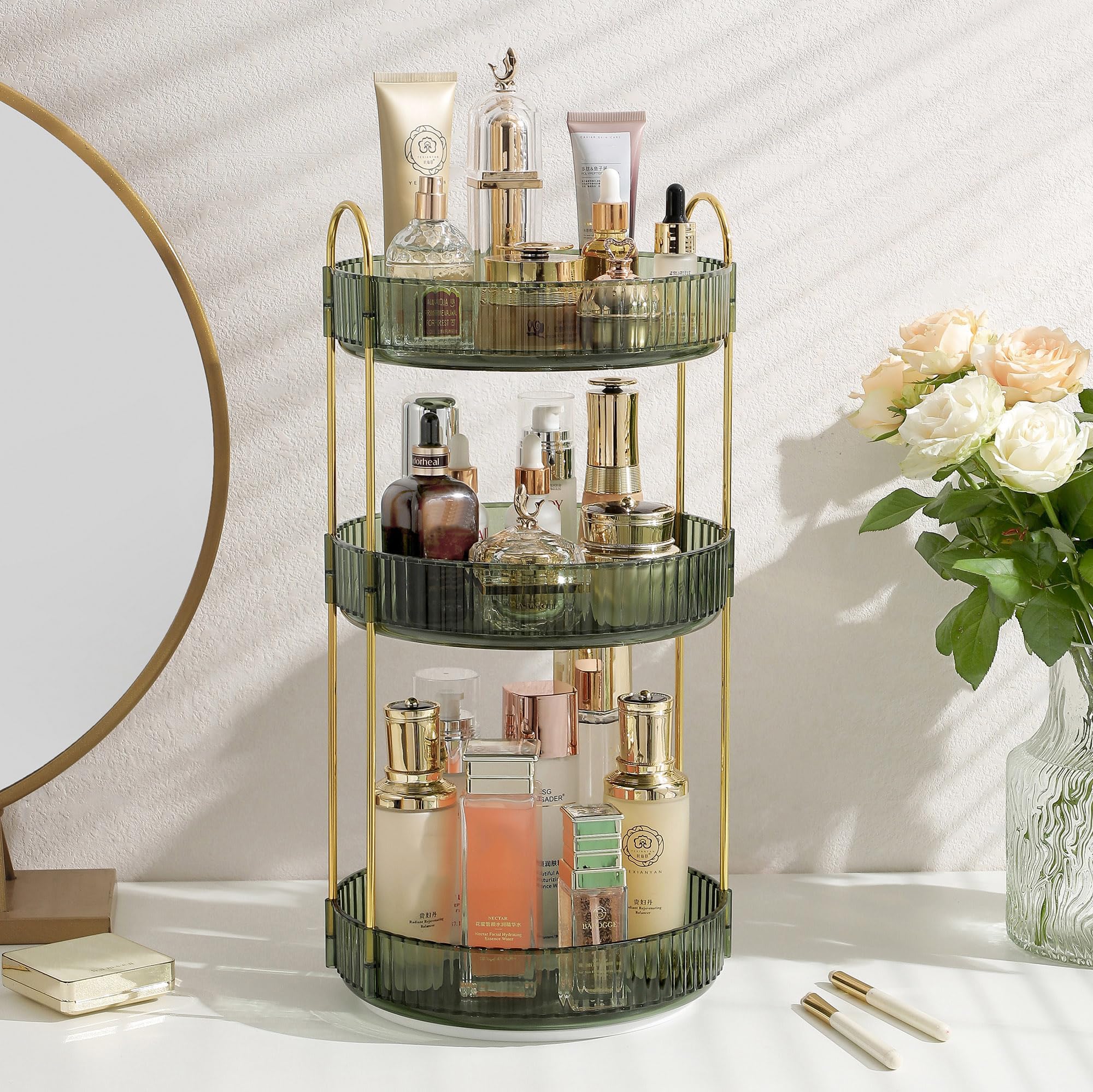 ROWNYEON 360 Rotating Makeup Organiser | 3-Tier Large Cosmetic Shelf - Green