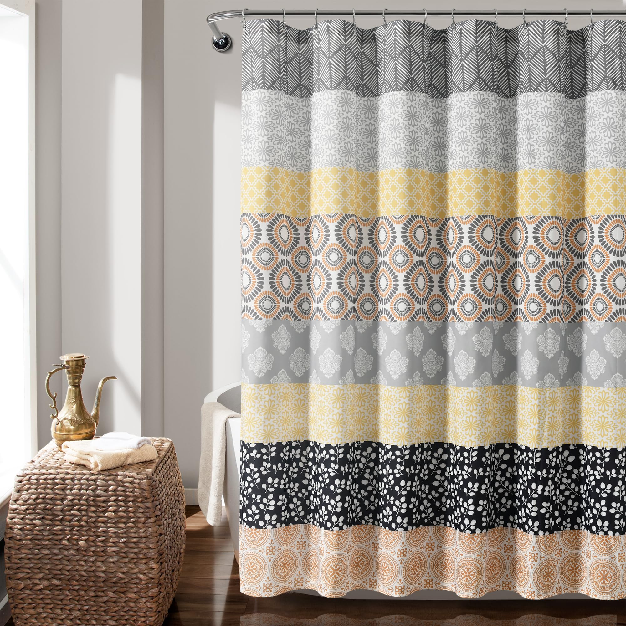 Lush Decor Bohemian Stripe Shower Curtain | 72x72 Microfiber - Yellow/Gray