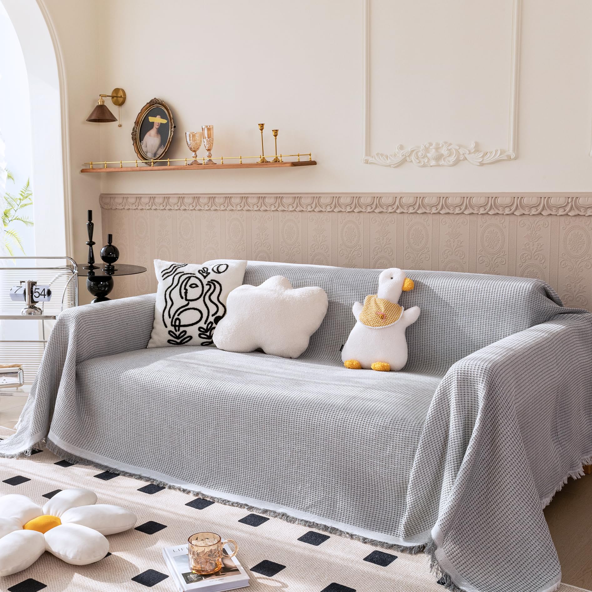 VANJOROY Waffle Cotton Sofa Throw Blanket with Tassels – Light Grey