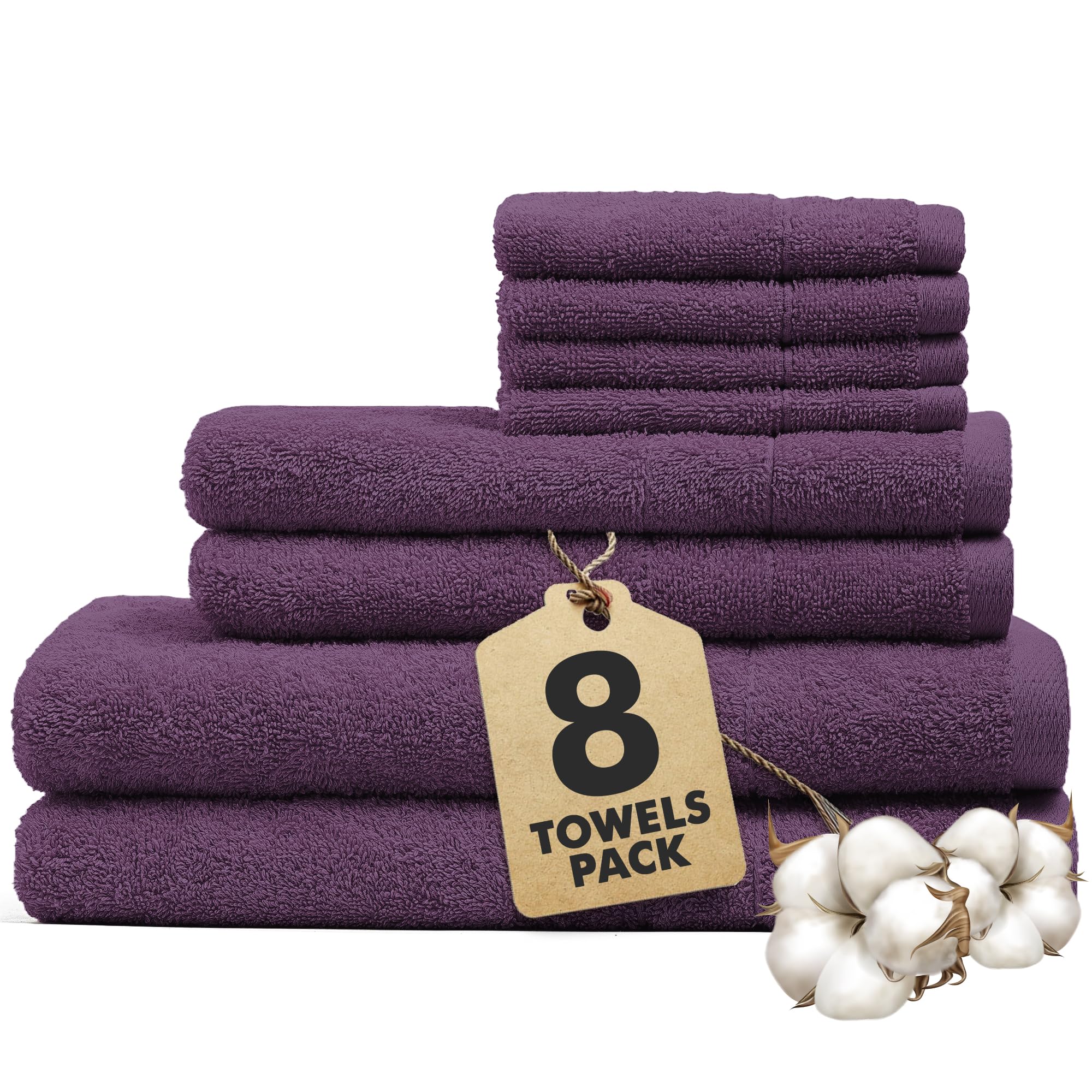 Novo Home 8-Piece Cotton Bath Towel Set – Soft & Absorbent, Dark Purple
