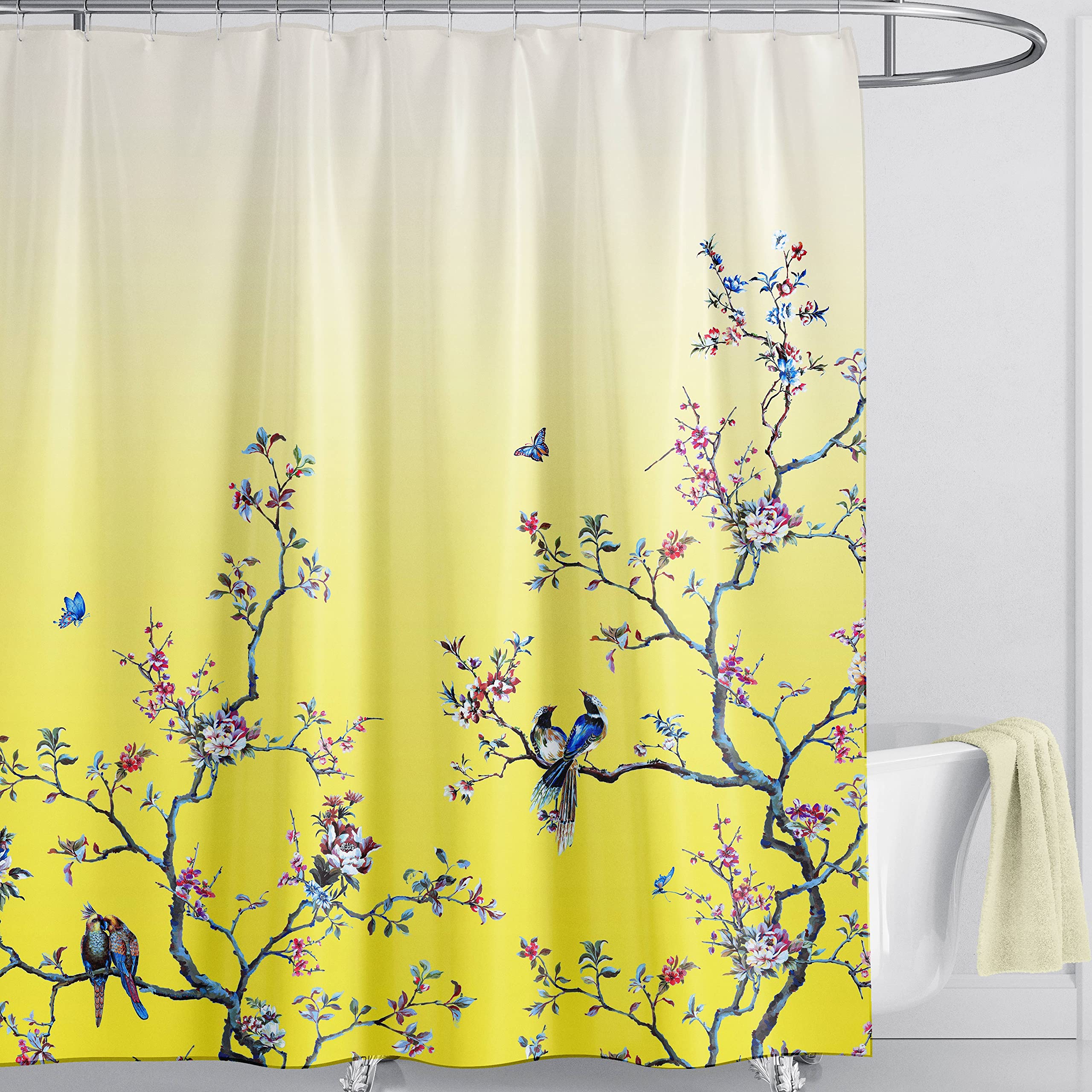 LIVETTY Yellow Bird Floral Shower Curtain | Waterproof Fabric 180x180cm