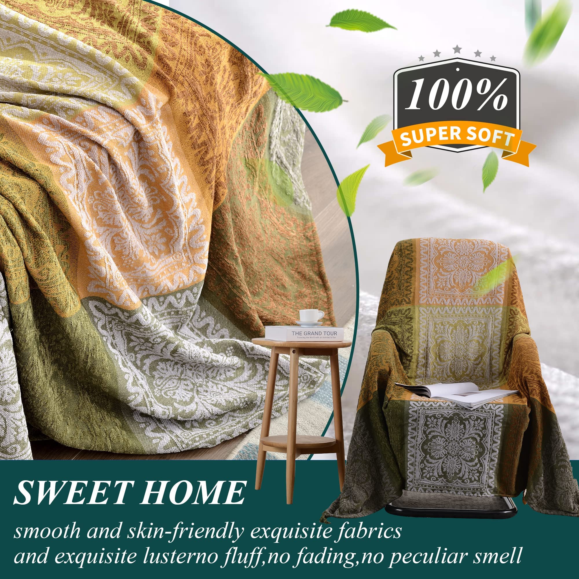 Edcooy Bohemian Chenille Throw Blanket with Tassels for Sofa – Green